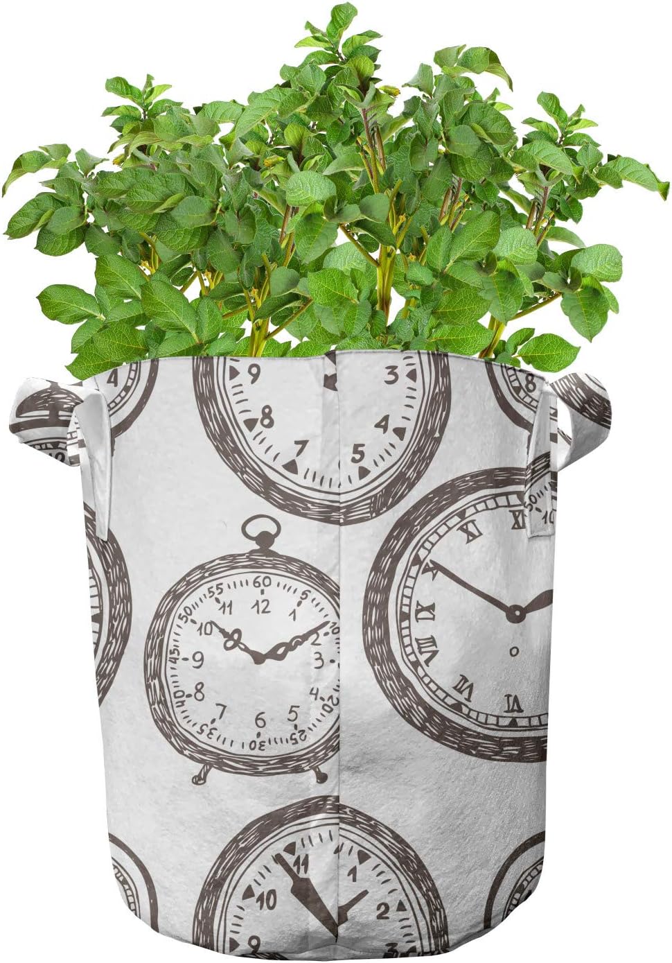 Lunarable Clock Grow Bags 5-Pack, Antique Pocket Watches Sketch, Heavyduty Fabric Pots with Handles for Plants, 7 Gallon, Brown White