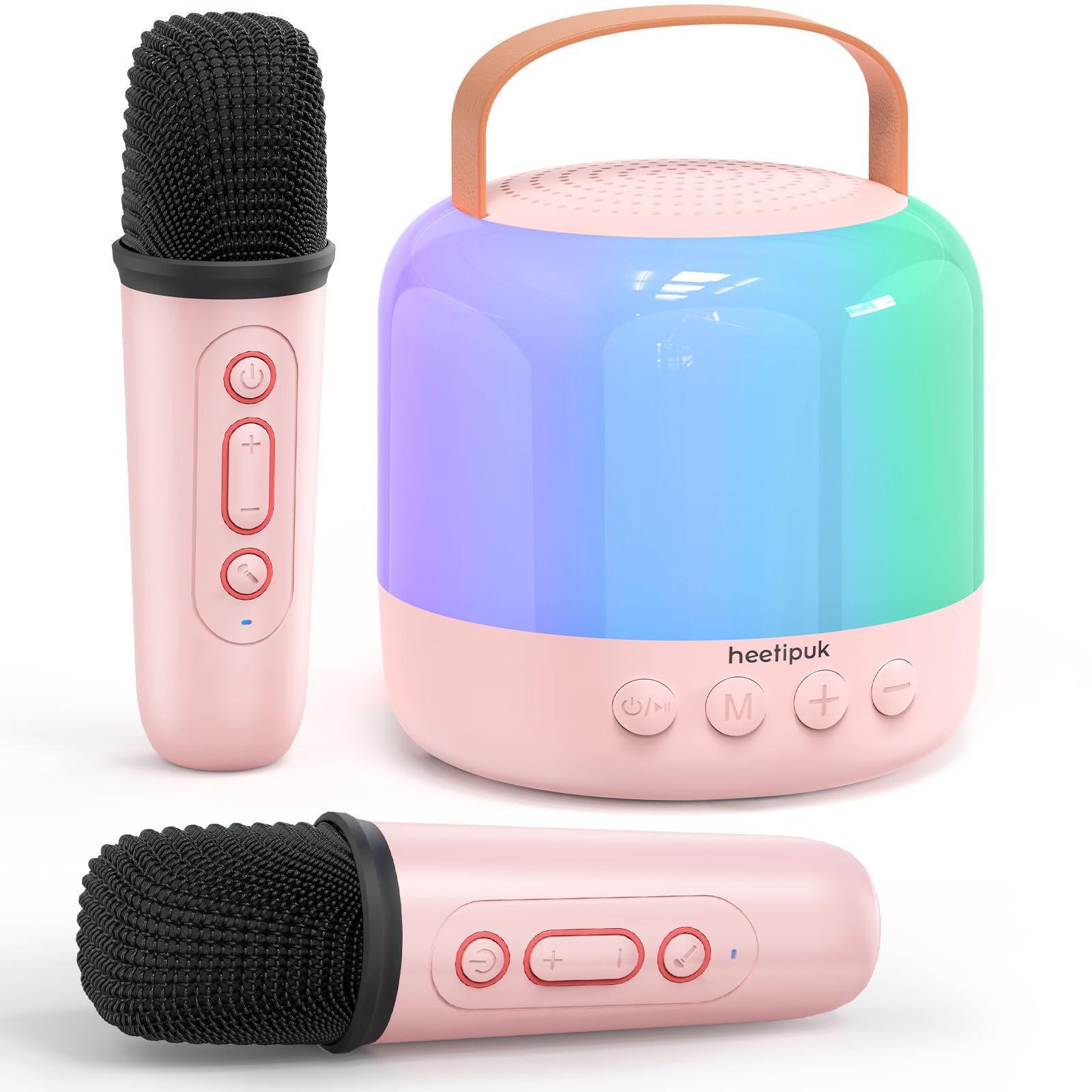 Mini Karaoke Machine for Kids Adults,Portable Bluetooth Speaker with 2 Wireless Microphones Toys Gifts for Girls 4-12 Years Old,Karaoke Speaker with Dazzling Lights (Pink-Square Mics)