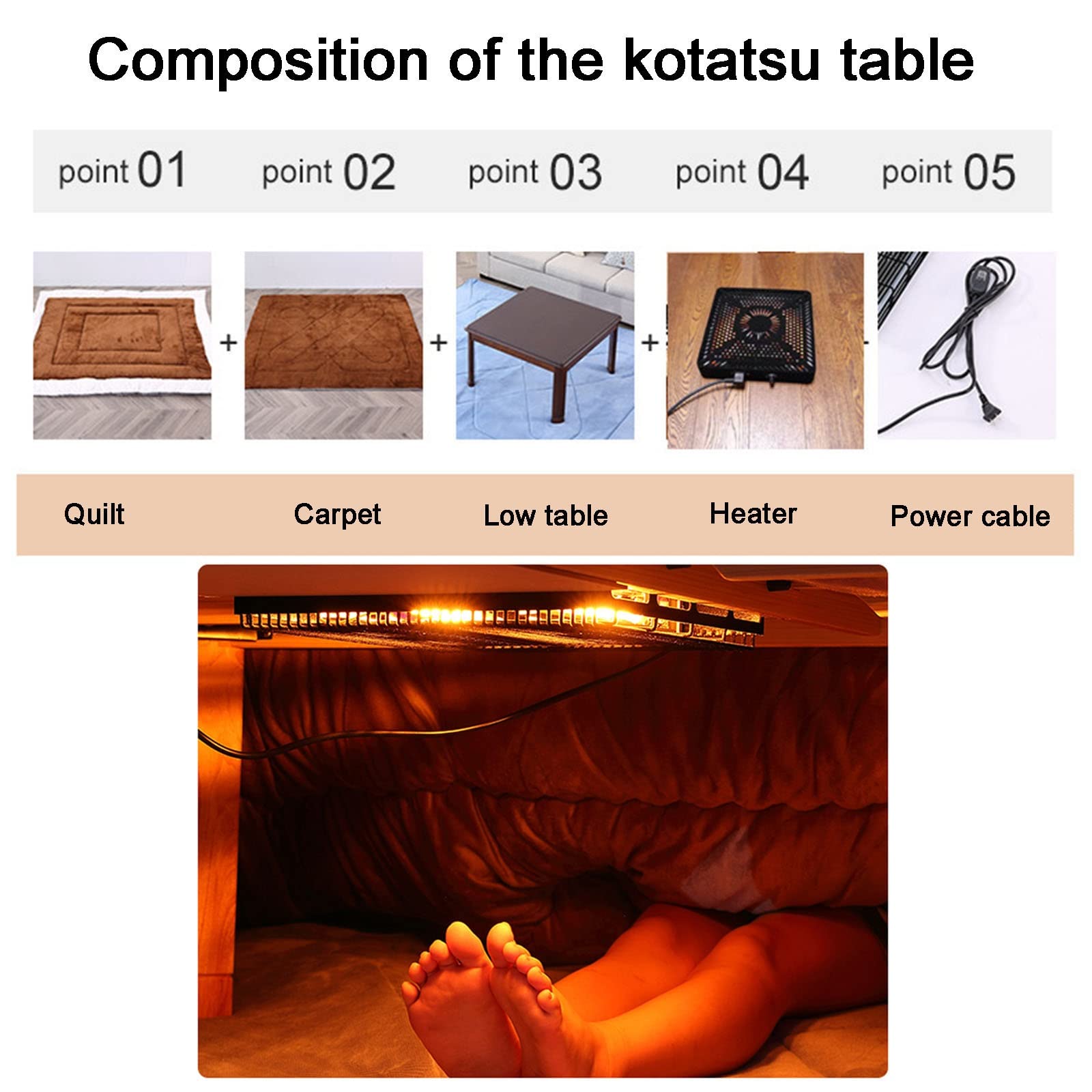 Kotatsu 4er-Set Wohnzimmerheizung Im Winter - Massivholz-Tatami-Tisch Und Sommer-Couchtisch - Warmes Geschenk Für Die Familie (Wood Color, 80 * 80 * 45cm)