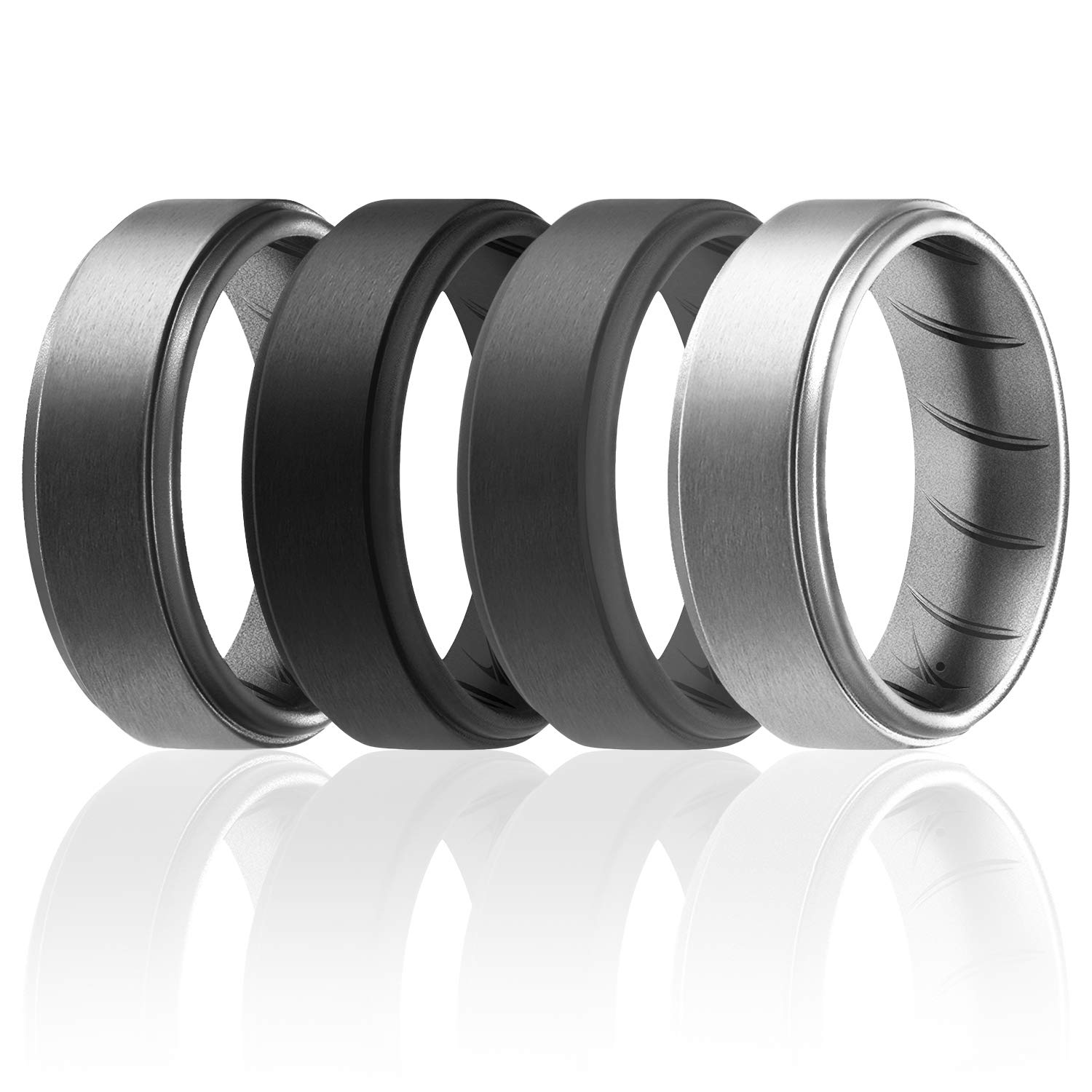 ROQROQ Silicone Rubber Wedding Ring for Men, Comfort, Men's Wedding Band, Breathable Rubber Engagement Ring/Band, Step Edge, 8mm Wide 2mm Thick, 4 Pack, Black, Dark Silver, Grey, Silver, Size 11