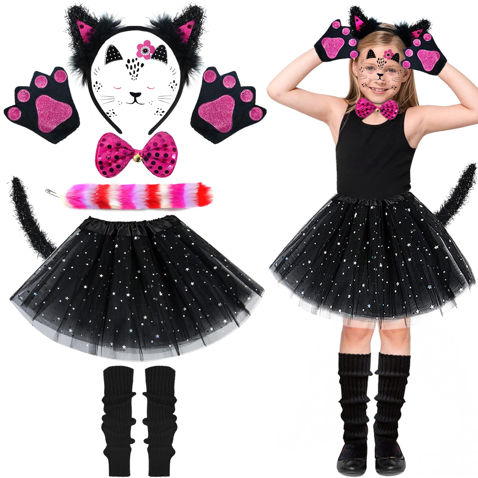 Ulikey 10pcs Disfraz Gato Niña, Conjunto de Cosplay de Gato con Tutu Falda Orejas Diadema Cola Pajarita Guantes de Pata Pegatinas Calentadores, Disfraz de Animales Niños para Carnaval Navidad Fiesta