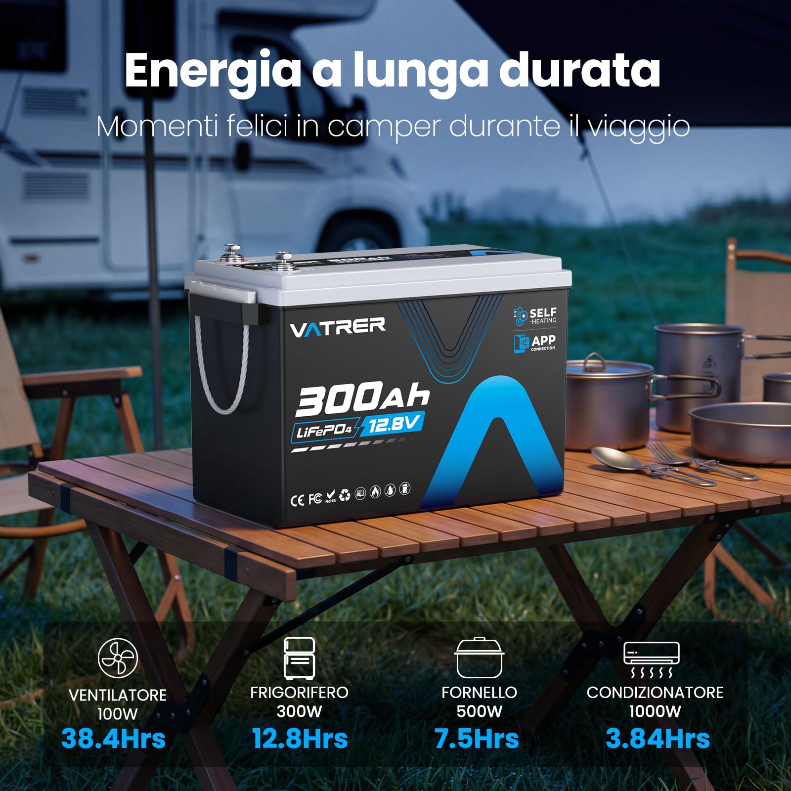 VATRER POWER Batteria LiFePO4 12,8V 300Ah Autoriscaldante Bluetooth