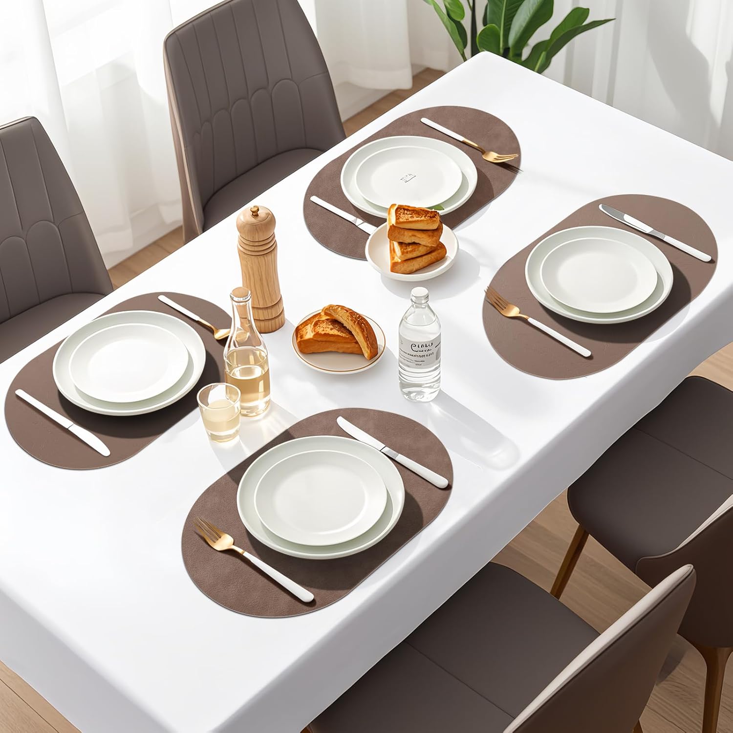 Oval Placemats Set of 6, Faux Leather Place Mats for Dining Table Dual Sided Placemats Heat Resistant Washable Wipeable Table Mats for Indoor Outdoor, Coffee