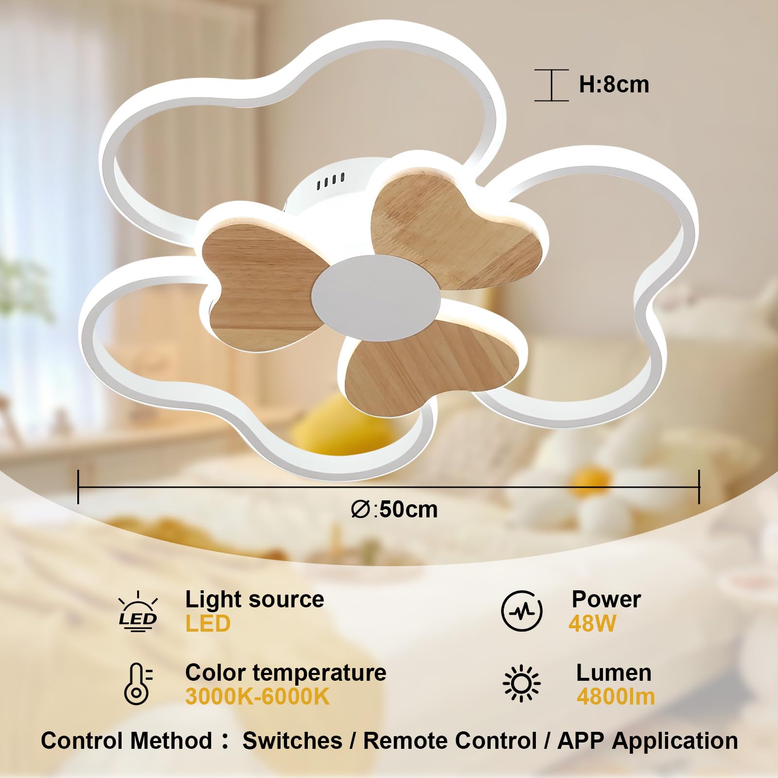 BLMYL LED Ceiling Light Flower Shape Wood Ceiling Light Dimmable 3000K-6000K 48W 50cm lamp Ceiling for Children's Rooms for Living Room Baby Bedroom with Night Light Function - Image 4