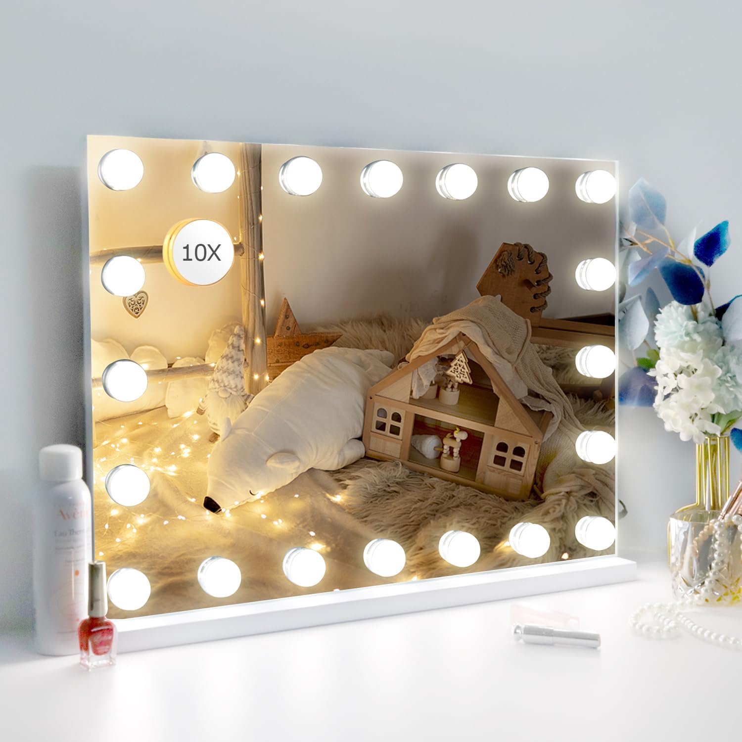 Vanity Mirror Makeup Mirror with Lights, 10X Magnification, Hollywood Lighted Vanity Mirror with 20 Dimmable LED Bulbs,3 Color Modes,Touch Control for Bedroom,Tabletop or Wall-Mounted White 23"x 18"-20 Bulbs