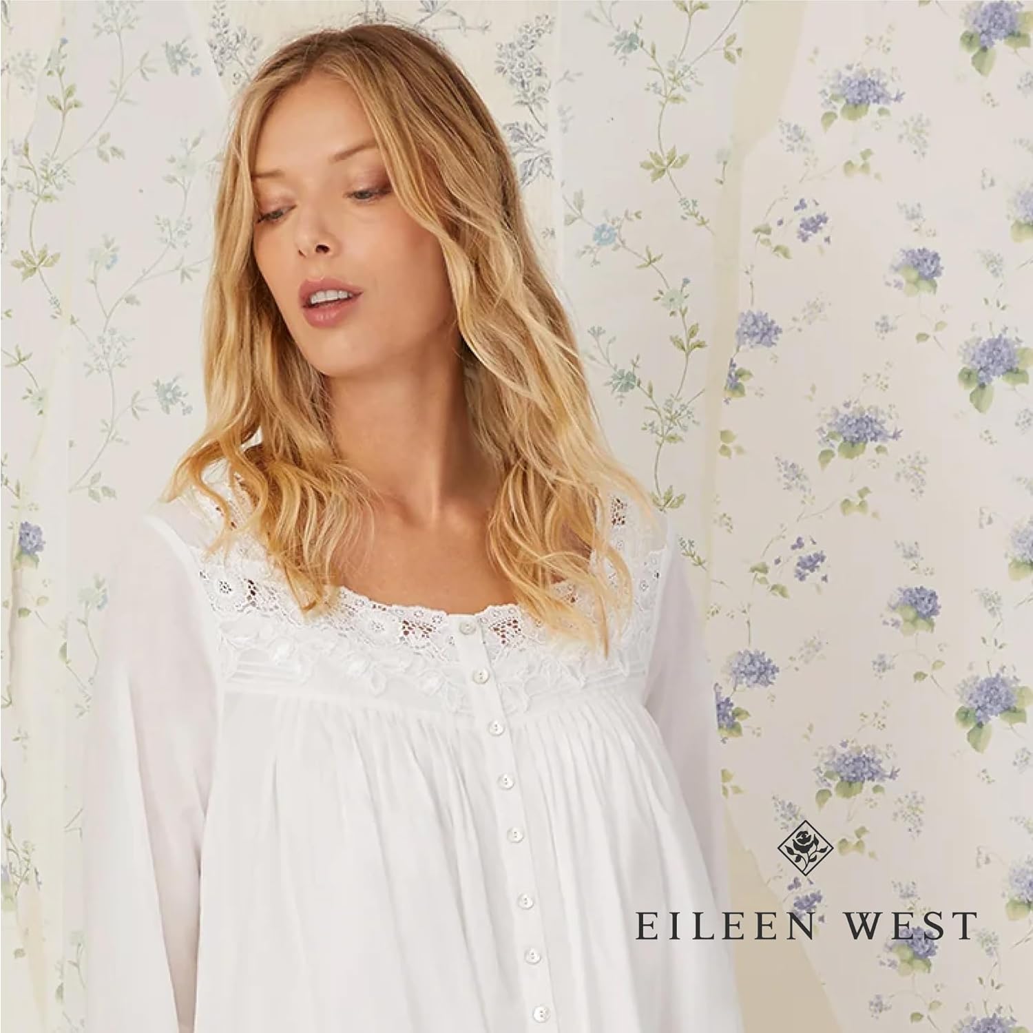 Eileen West Queen Anne's Lace Womens Sleepwear & Loungewear - Florentine Lace Collection - 100% Long Sleeve Soft Long Robe