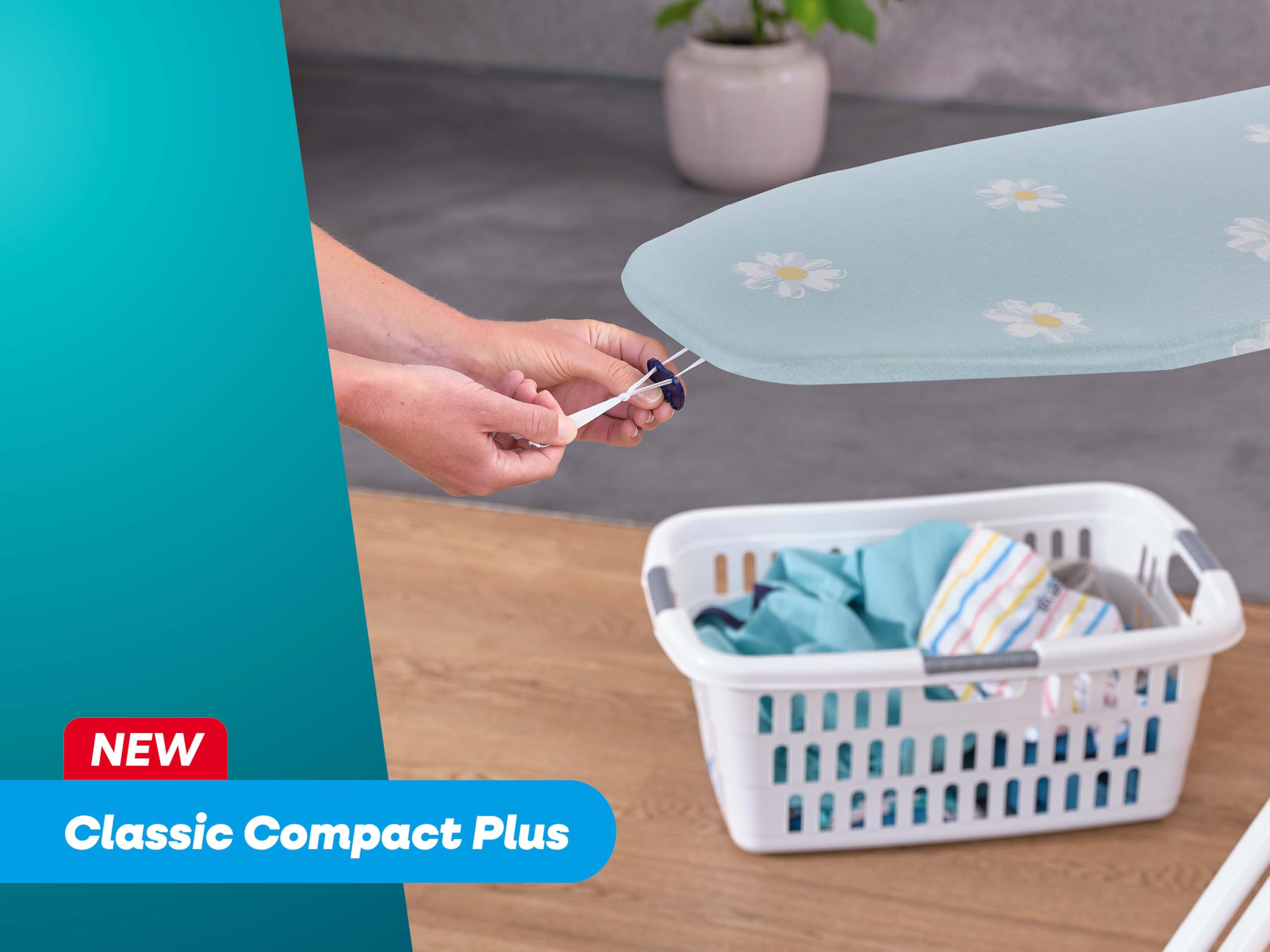 Leifheit Bügelbrett Classic M Compact Plus, Bügeltisch mit Fläche 20 x 38cm | Kompakte Streckmetall-Bügelfläche, stabil und höhenverstellbar 76-96 cm, Kabelhalter, Transportsicherung, weiß/blau/gelb