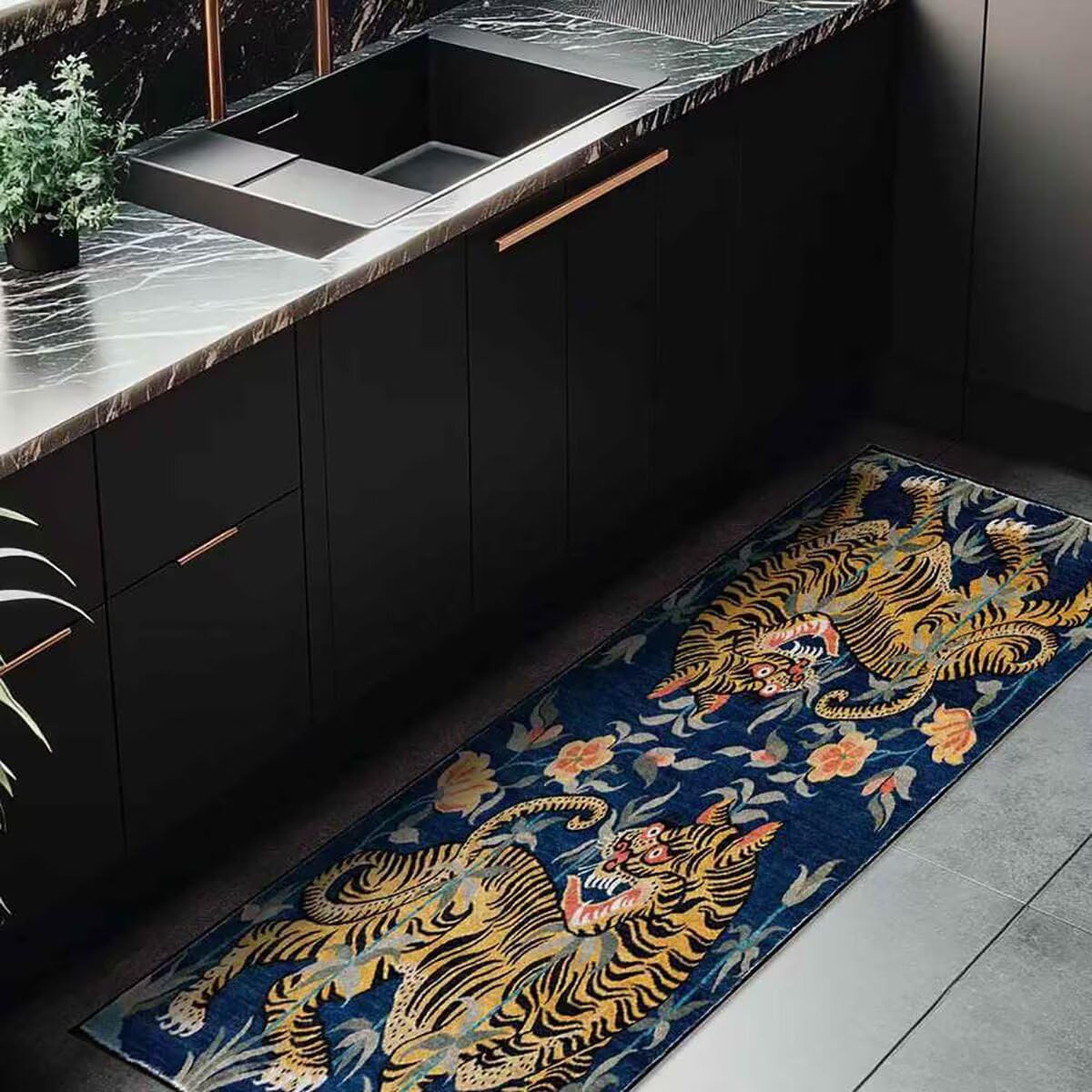 Dsopoy Tibetan Tiger Rug Runner Rug for Bedroom Vintage Navy Blue Boho Leopard Print Rug 2x6 ft Non-Slip Animal Print Area Rug for Laundry Room,