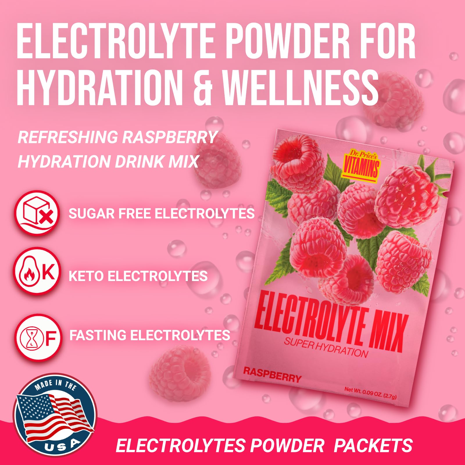 Dr. Price’s Electrolytes Hydration Powder Packets – Raspberry, 30 Packs | Sugar Free Electrolyte Drink Mix, 72+ Trace Minerals, Manganese | Keto Electrolytes, Vegan, Doctor-Formulated, Made in USA