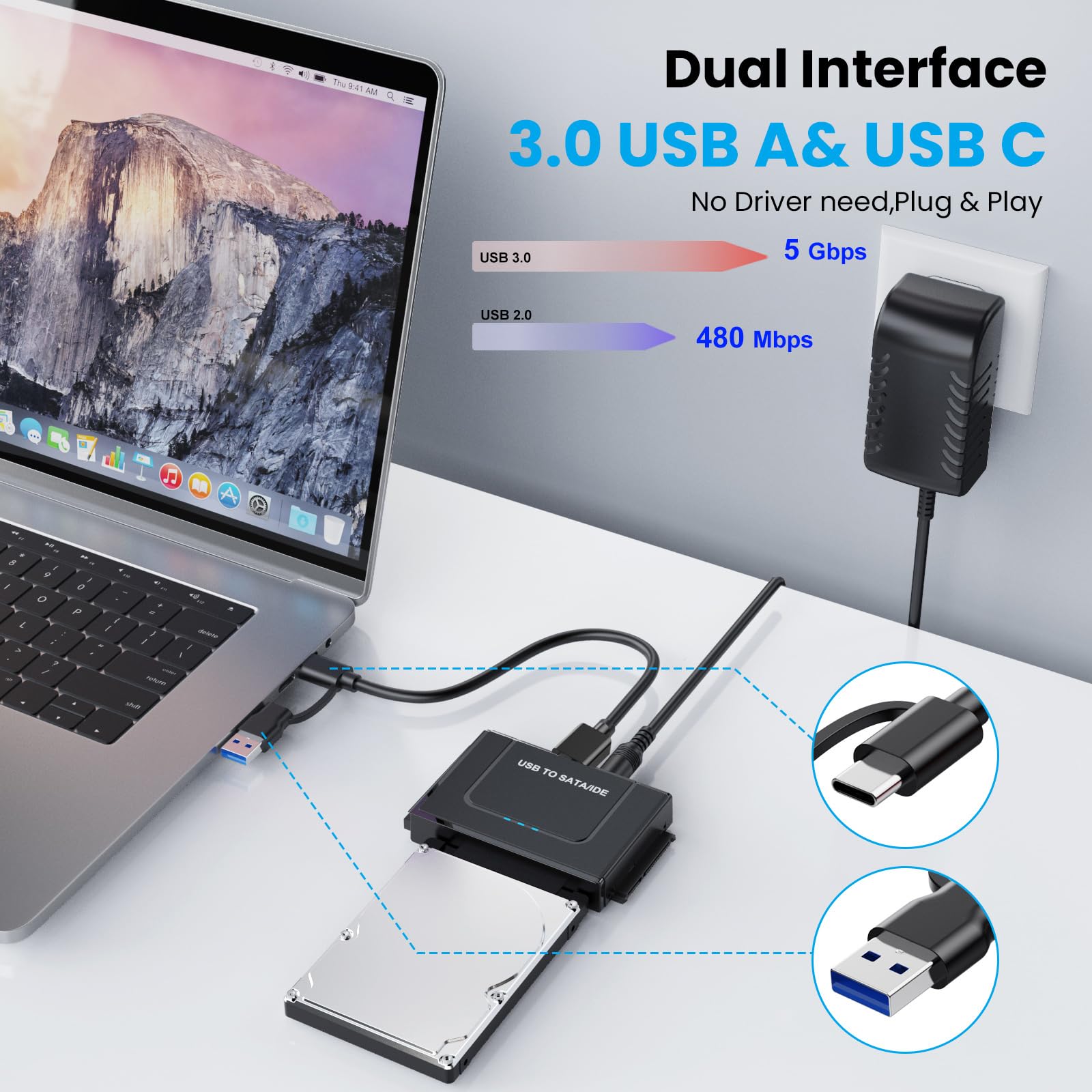 Adaptador USB 3.0 a IED SATA, convertidor de lector de disco duro externo SATA adaptador USB para HDD SSD de 2.5 pulgadas y 3.5 pulgadas con adaptador de corriente de 12/2 A