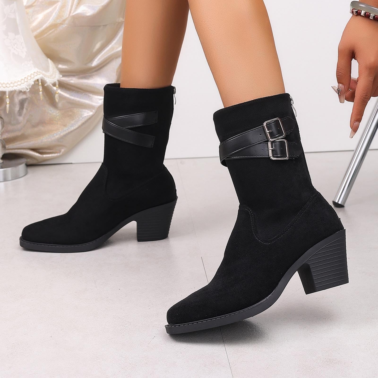 Botas por Encima de la Rodilla Elegantes Botines de Media caña con Detalle Hebilla y Cremallera Trasera para facilitar su colocación/Botines otoño