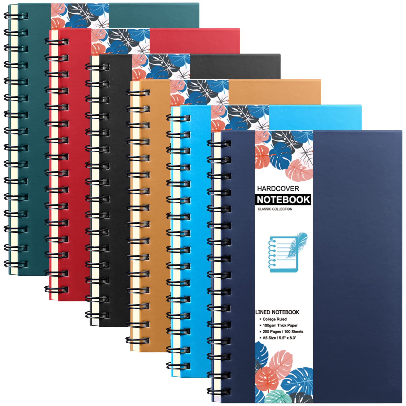 Confezione da 6 quaderni a spirale, formato A5, con copertina rigida, per studenti, ufficio e materiale scolastico