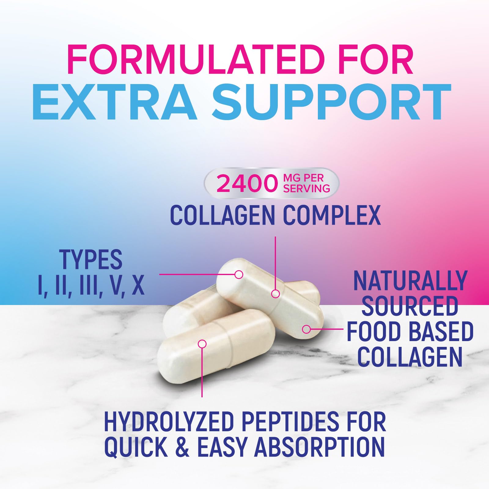 Multi Collagen Pills 2400mg - Best Hydrolyzed Collagen Peptides Capsules for Women & Men - Type I, II, III, V, X Collagen Complex - Hair, Skin, Nails Support Supplement - Bottled in USA - 240 Capsules — Amazon image 7