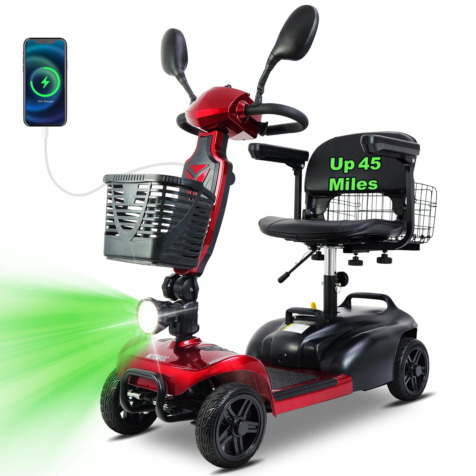 Sponsored Ad - MOVEMAGIC 45-Mile Electric Mobility Scooter w/1080Wh Battery & 350W Motor, Foldable 4 Wheel Travel Scooter for Adults/Seniors, 300 lbs Capacity, 6.2 MPH Max Speed, Dual Baskets