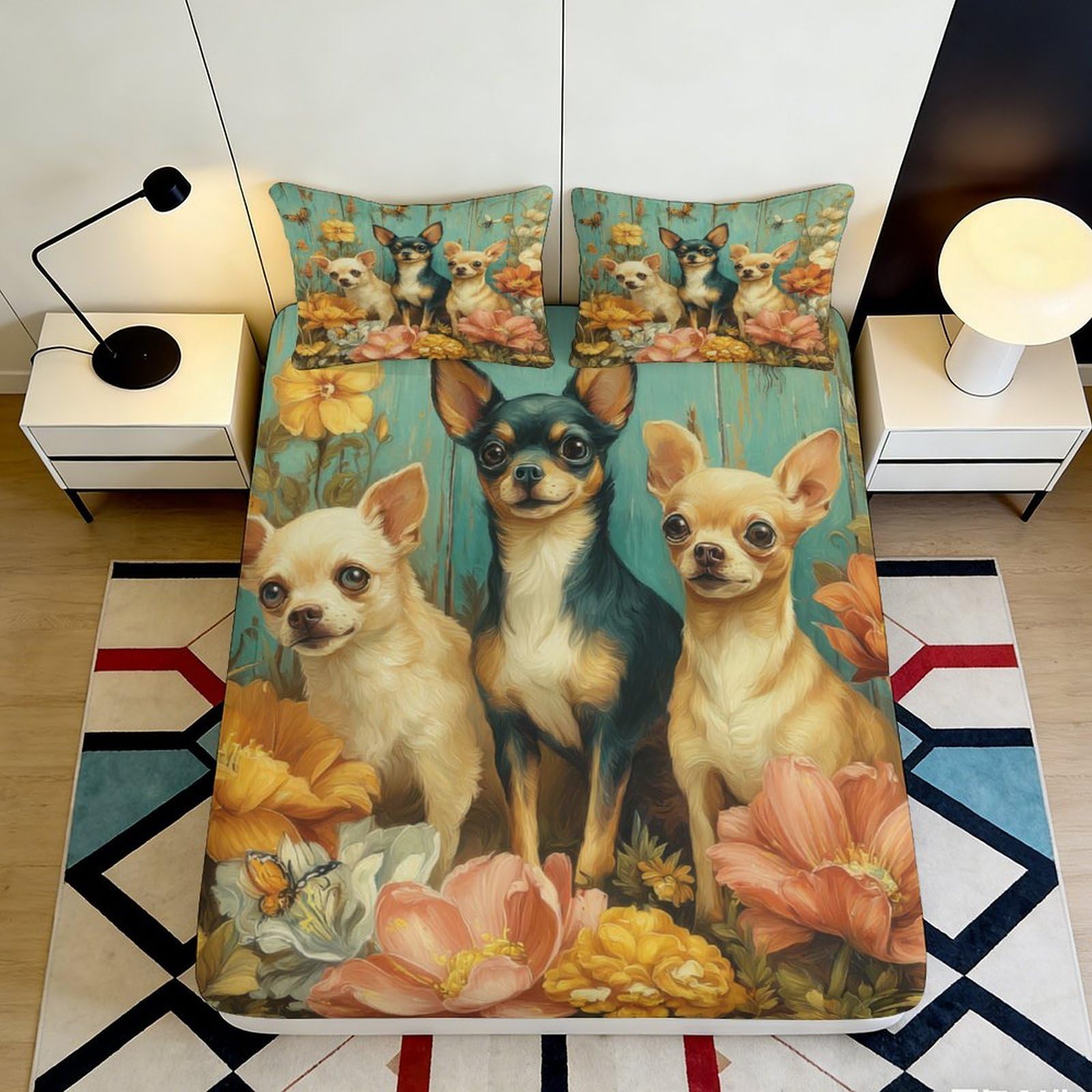 Pnayamiorkfel Style-5 3D Printed Chihuahua Dog Flower Fitted Sheet Microfiber Vibrant Bed Cover For Bedroom Guest Room Mattress Decor 90X200x25cm