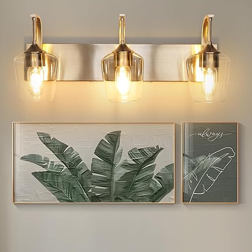 Miniatura 4 de Lámpara de baño de níquel cepillado de 3 luces con pantalla de vidrio transparente, luces de pared modernas de 23.62 pulgadas para dormitorio,
