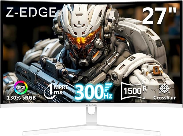 Z-Edge Moniteur de jeu courbé blanc 27'' 300 Hz (2×DP1.4), FHD, 1ms, FreeSync, 240 Hz (2×HDMI2.0), blanc LED Jeu PC Moniteur 16:9, Tilt réglable, VA, HDR, 3000:1, RGB, VESA (DP Câble inclus)