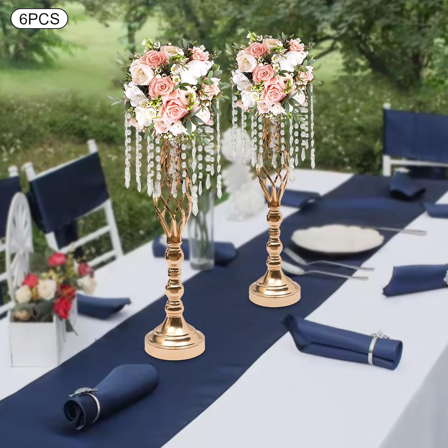 6 Pcs Crystal Flower Stands,Flower Holders,21.7 inches Tall Flower Vase with Chandelier for Wedding Party,Reception Dinner Event,Tabletop Decorations