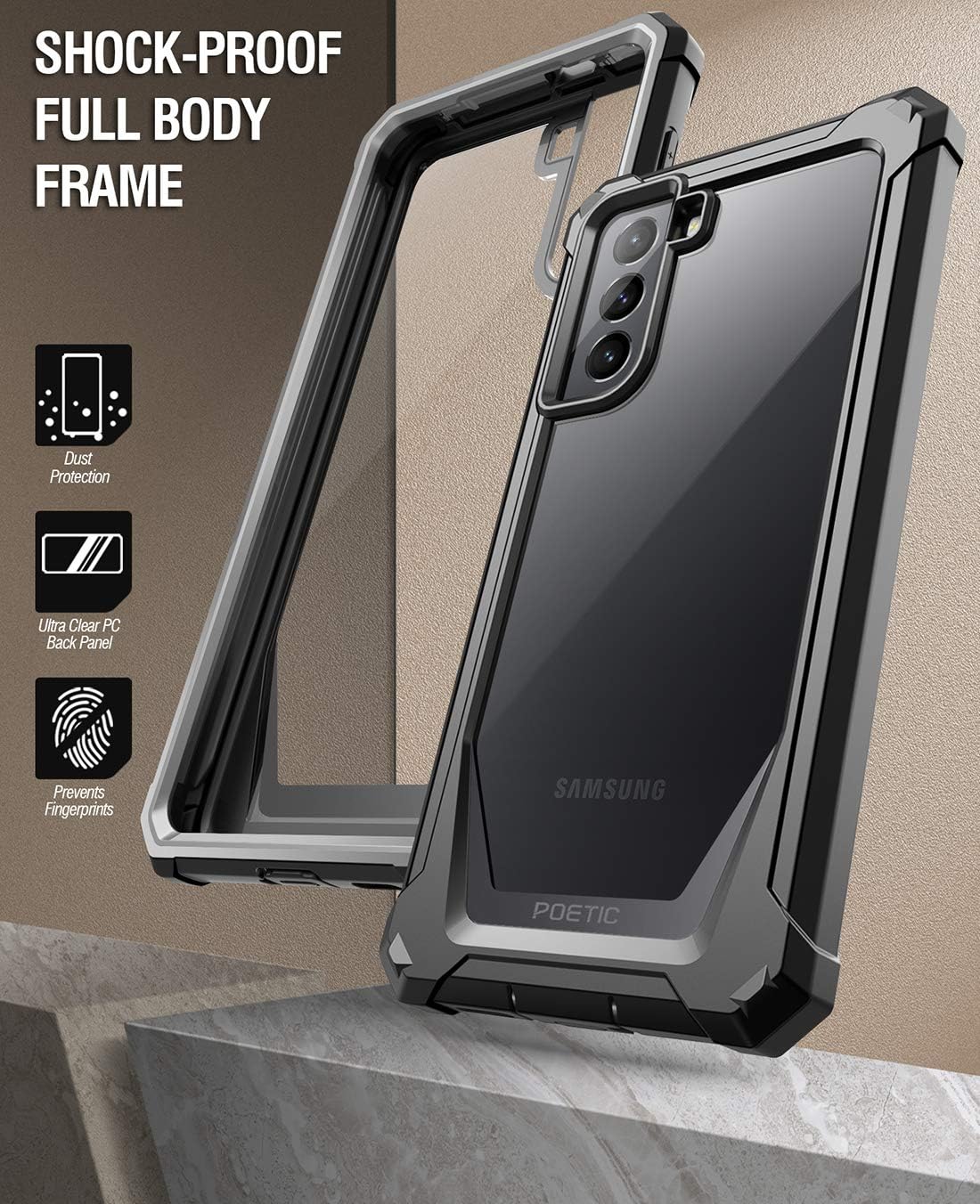 Poetic Guardian Case Designed for Samsung Galaxy S21+ Plus 5G 6.7 inch, Built-in Screen Protector Work with Fingerprint ID, Full Body Hybrid Shockproof Bumper Cover Case, Black