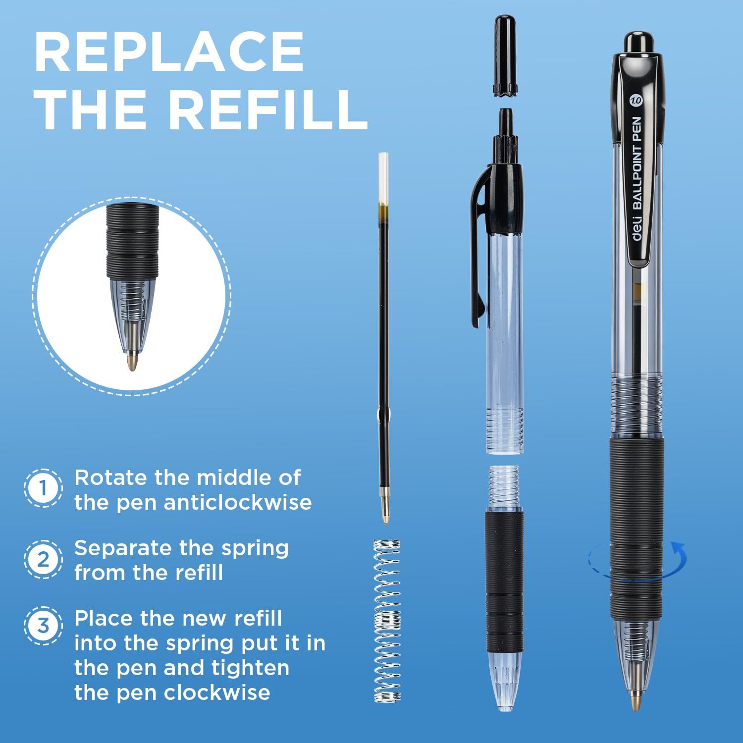 deli Pens Bulk 50 Pack Ballpoint Pens Black Ink 1 0MM Medium Point Smooth Writing Retractable Pen with — view 4