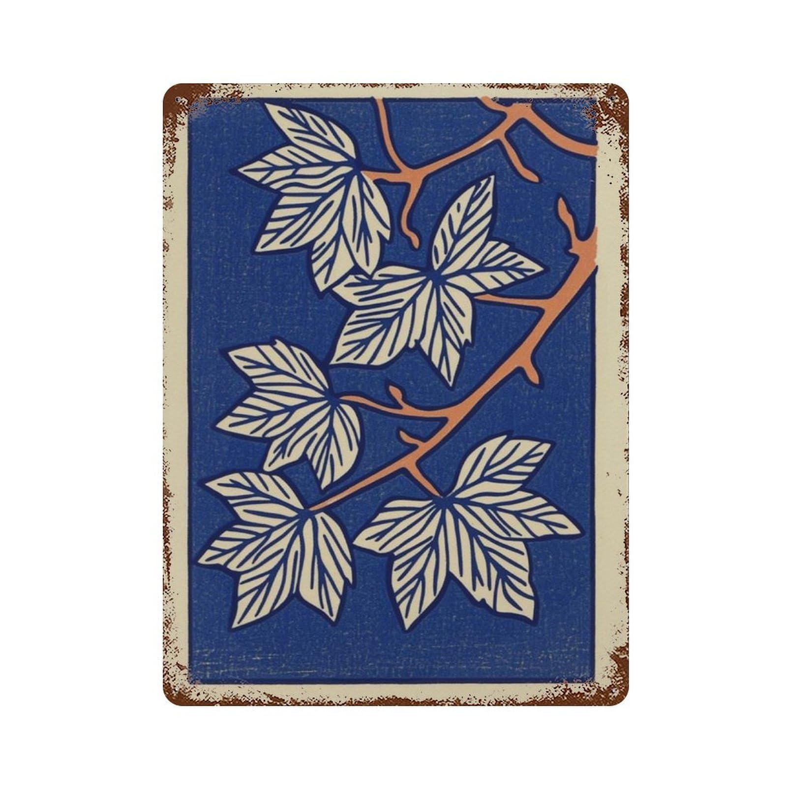 xiaoxiaoshen Japanese Maple Leaf Woodblock Style Botanical Blue Cream Minimalist Nature Asian Wall Decor Art Metal Tin Poster Modern Home Decor Art Home Bar Shop Decorations Vintage Sign 40x30cm