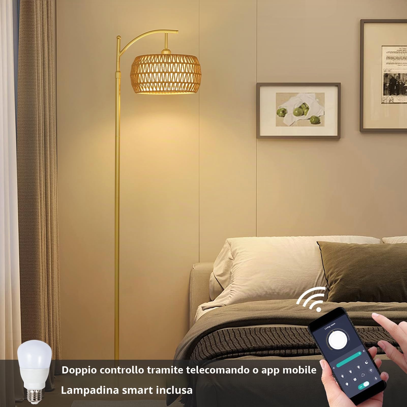 Rayofly Lampada da Terra Dorata da Soggiorno, Lampada da Terra in Rattan Dimmerabile con Telecomando, App di Controllo, Lampada da Pavimento Boho con Paralume in Rattan per Camera da Letto, Ufficio