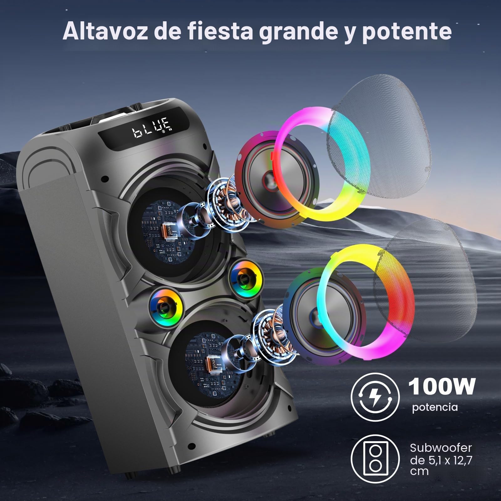 Altavoz Bluetooth portátil de 100 W Altavoz inalámbrico de alta potencia TWS Emparejamiento estéreo fuerte Graves profundos Gran altavoz de fiesta con subwoofer Luz de campo LED (Negro)