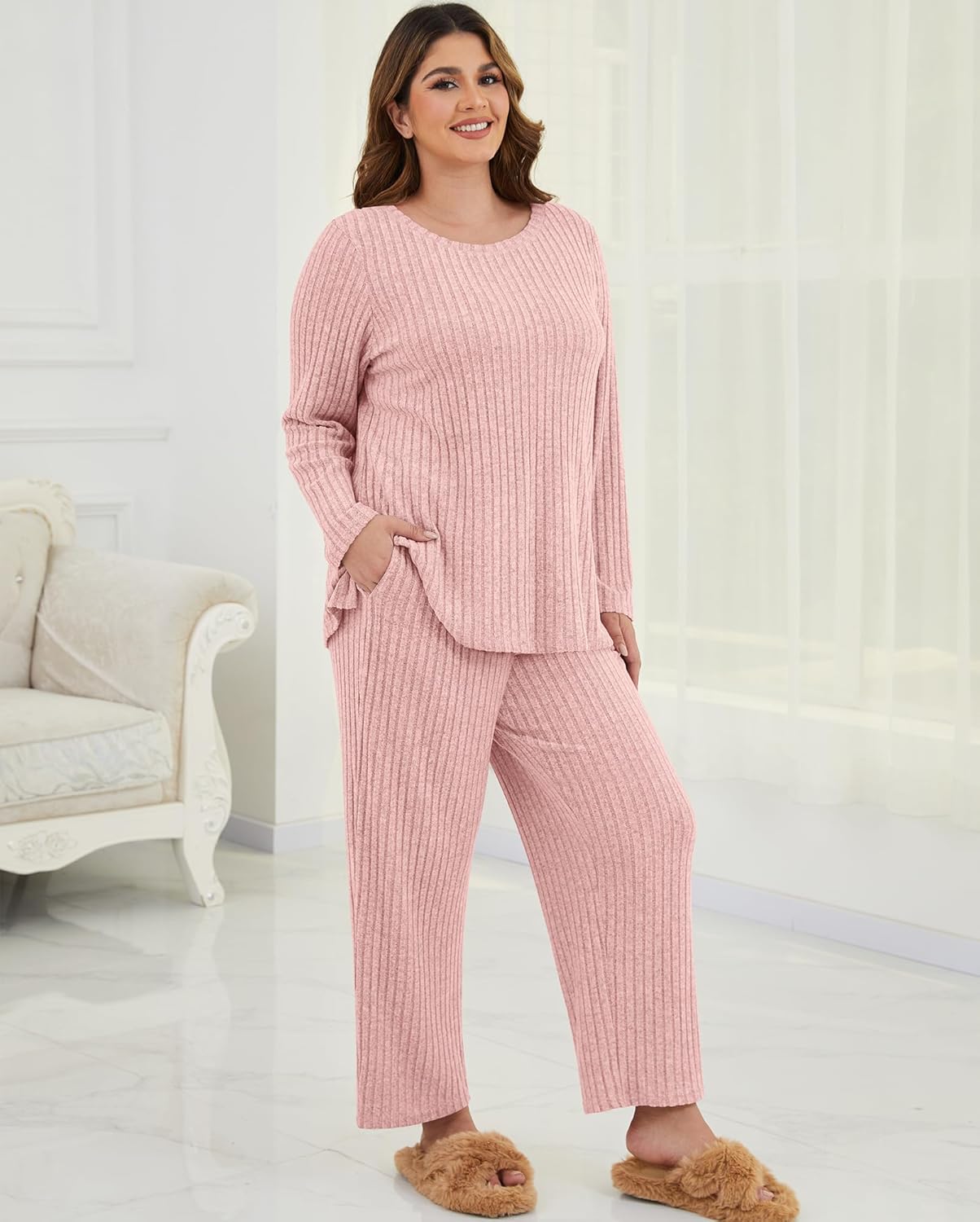 Womens Plus Size Lounge Pajamas 2 Piece Pj Sets Soft Long Sleeve Ribbed Tops Wide Leg Pants with Pockets - Image 2