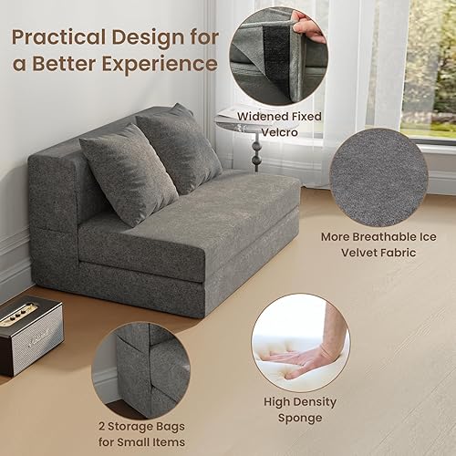 Miniatura 4 de Sofá cama plegable 5 en 1 con almohadas, silla convertible individual futón con bolsillos laterales, sofá de espuma plegable, colchón de suelo,
