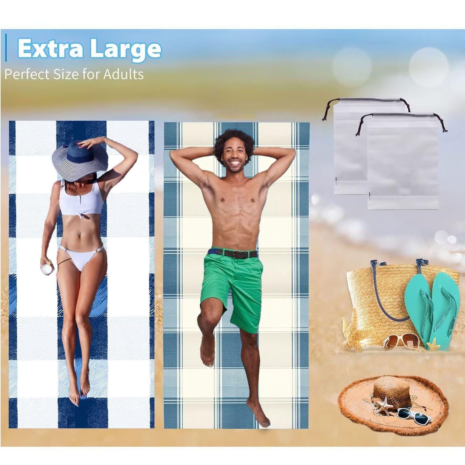Telo Mare Microfibra Grande - 90 x 200 cm Telo Mare 2 Pezzi, Antisabbia, Asciugatura Rapida, Ultra Assorbente, Estate Spiaggia Asciugamani Bagno Asciugamano Microfibra, Donna Regali (Griglia Blu) m318