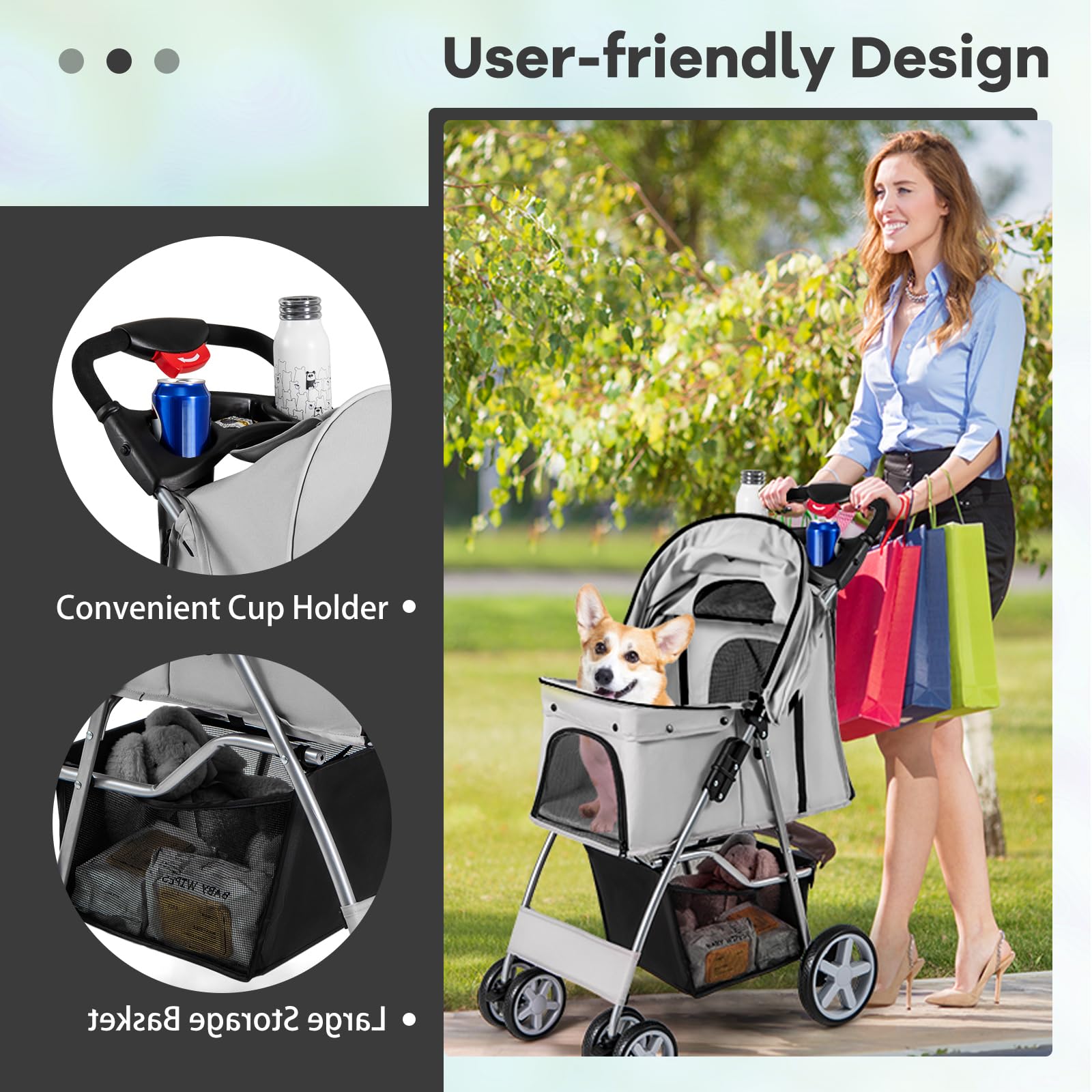 SOARS Hundebuggy, Hundewagen bis 15kg klappbar, Katzenwagen mit Netzfenstern & Getränkehalter & Aufbewahrungskorb, Haustier-Kinderwagen für kleine Haustiere (Grau)