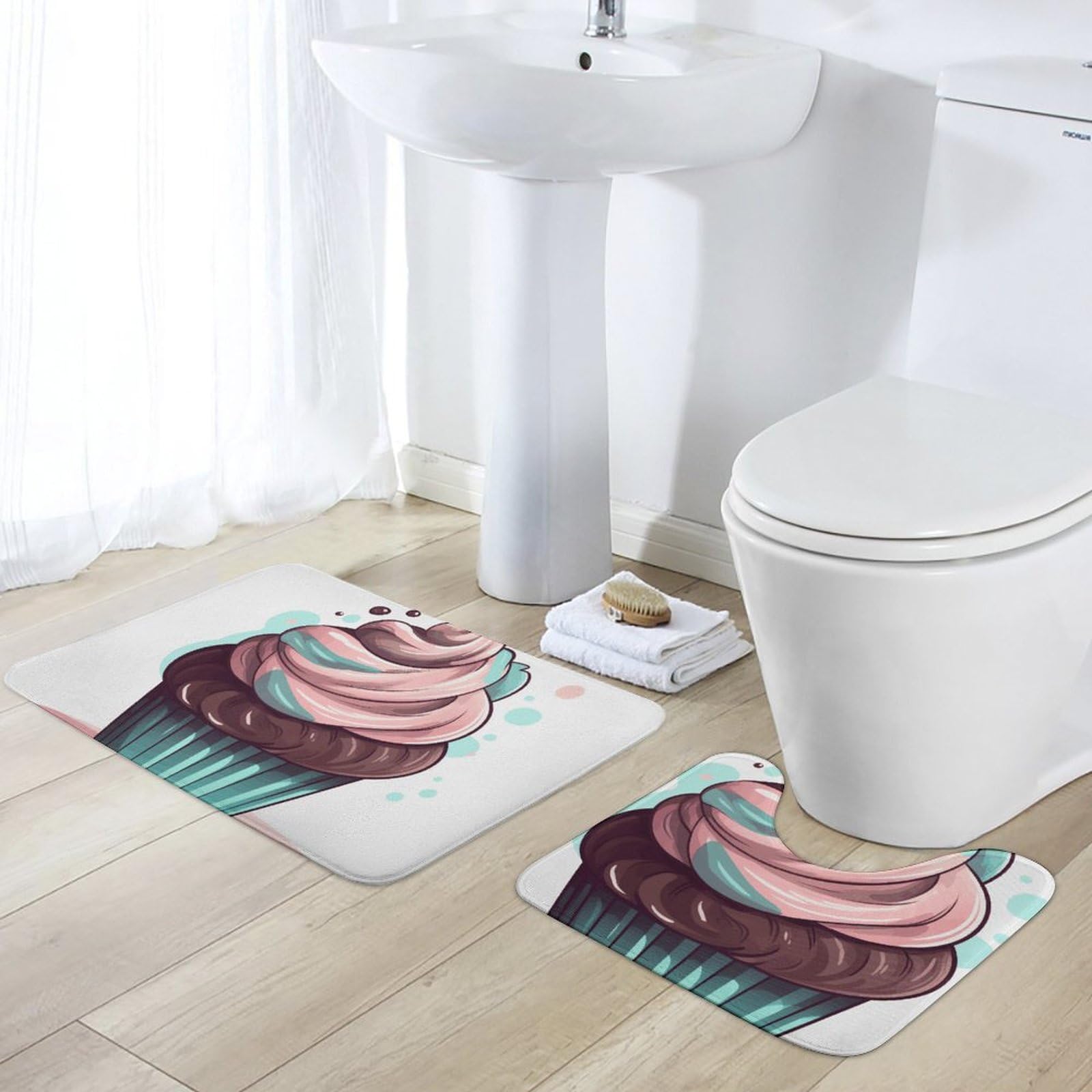Tapis de bain cupcakes en velours corail absorbant et antidérapant - Lot de 2