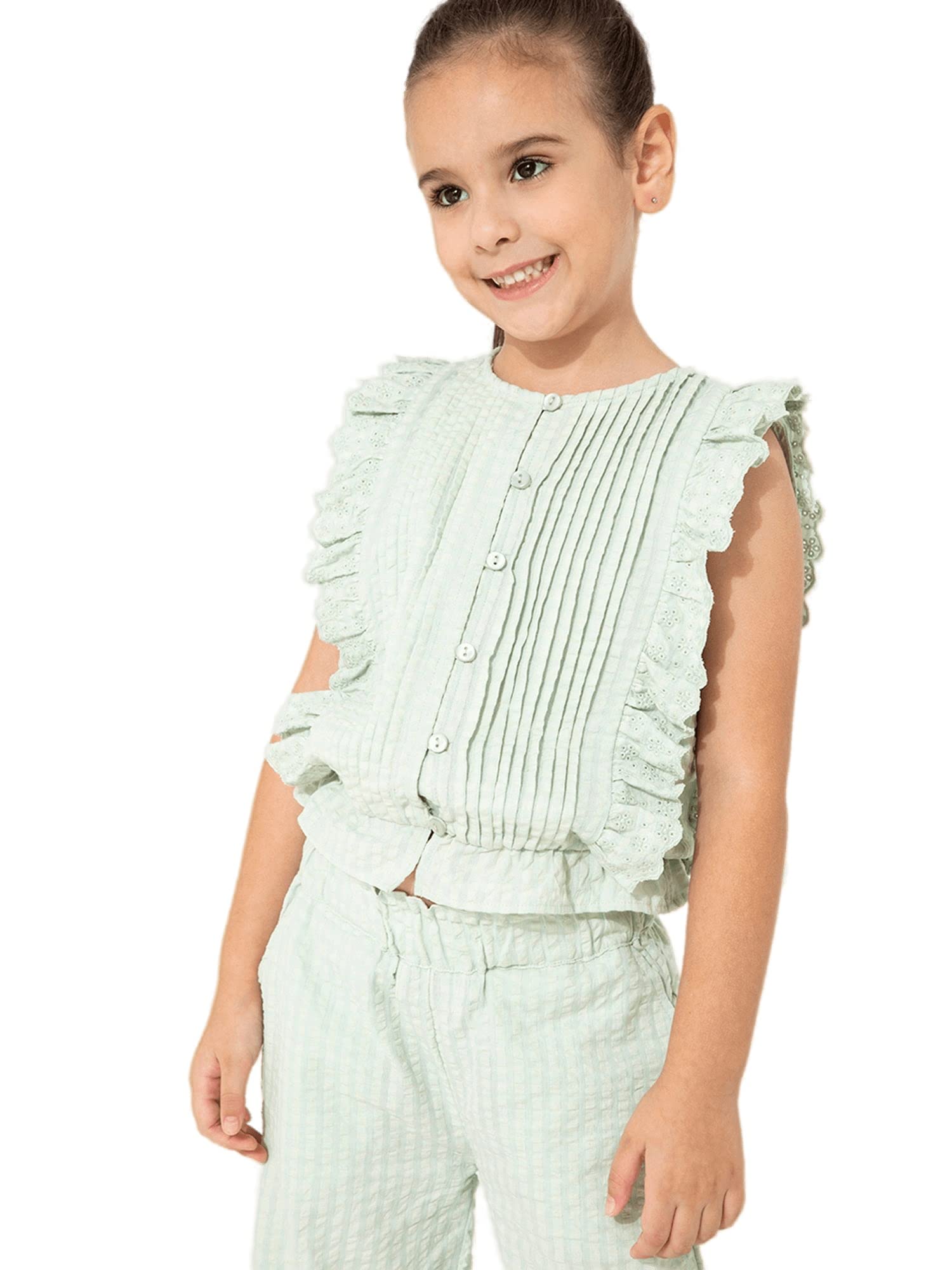 Cherry Crumble Green Striped Cotton No Sleeves Summer Regular Fit Casual Button Froufrou Faint Co-Ord Set (WS-TNBSET-8117_4-5 Years)