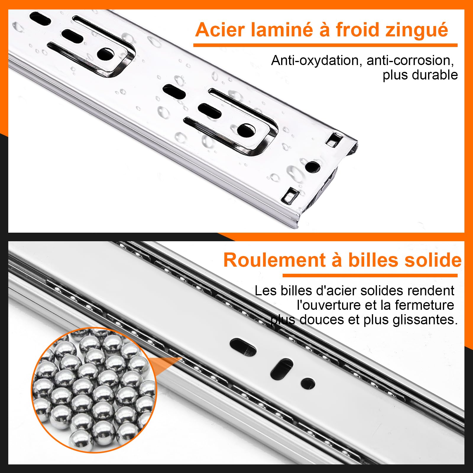 glissières de tiroir 4 paires (12 pièces),45cm glissiere pour tiroir, amortisseur coulisse tiroir avec roulements à billes, montage latéral,extension complète, capacité de charge 45 Kg,argenté