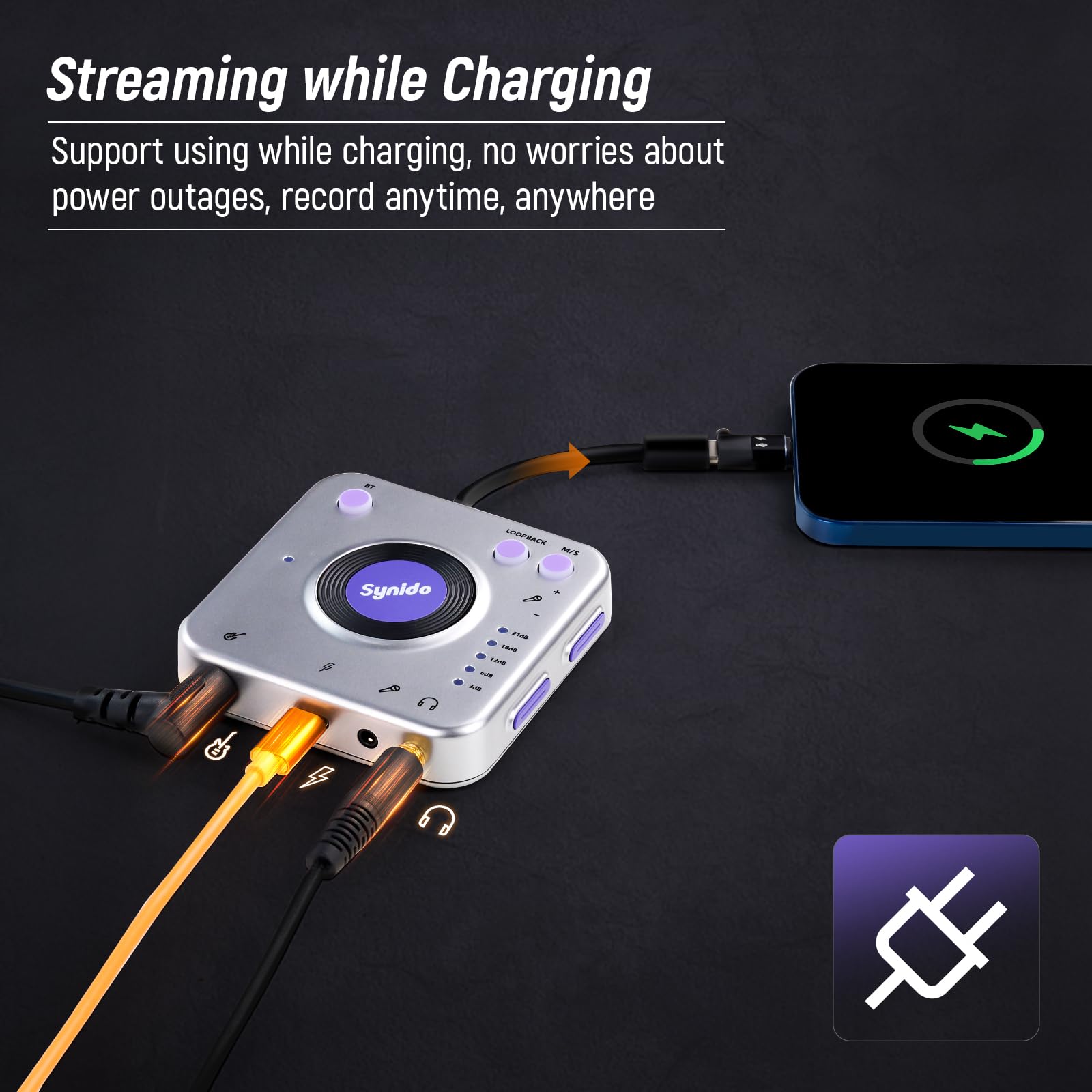 Synido Audio-Interface zum Aufnehmen von Musik mit Instrumenten-Verstärkungssteuerung, 24 Bit/96 kHz, tragbare HiFi-Audio-Schnittstelle, kommt mit USB-C, leichter Audioadapter für