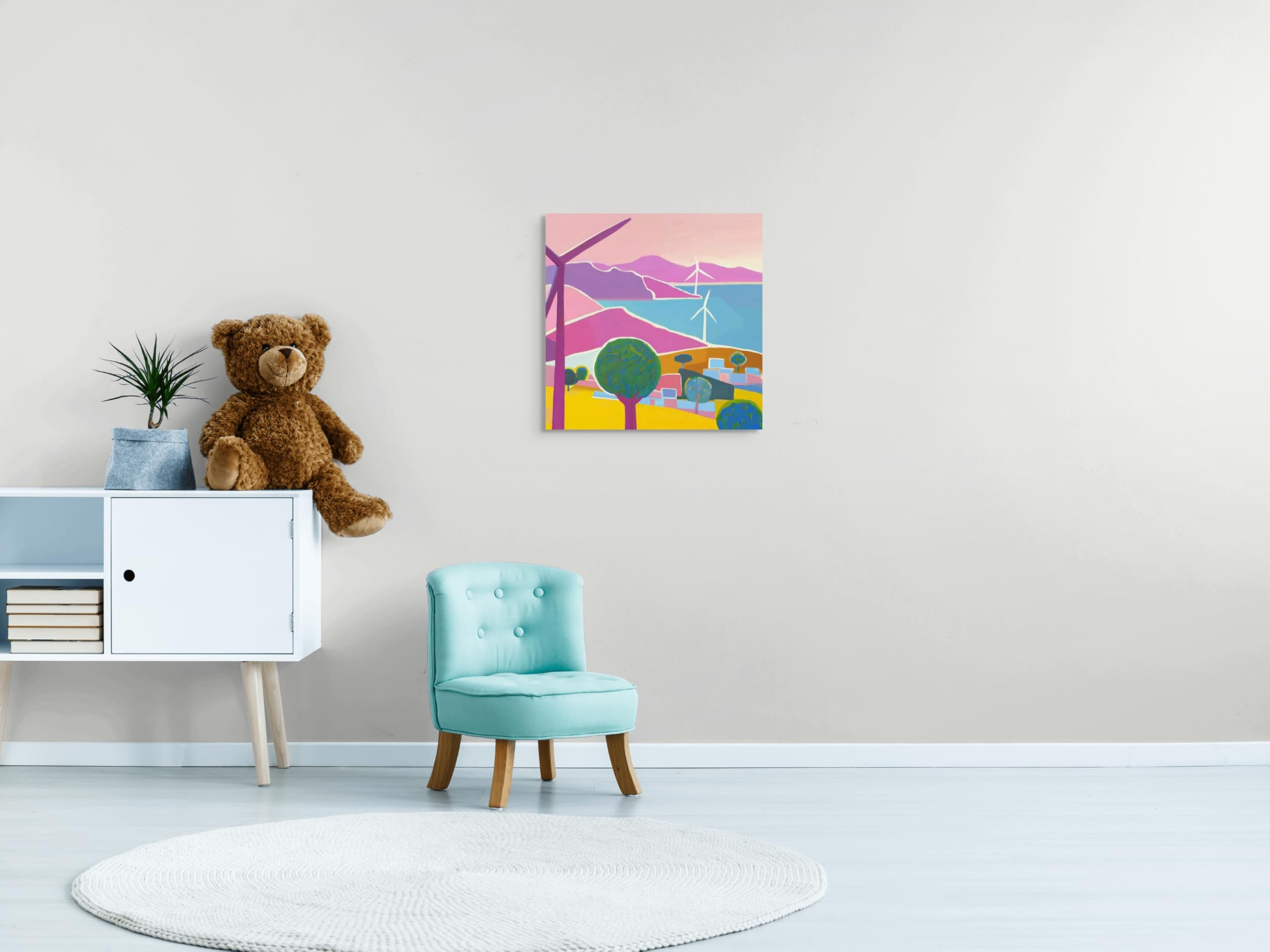 Impresión en lienzo con diseño de turbinas de viento, decoración de pared de guardería, arte de habitación de niños, decoración de sala de juegos, arte de pared para bebés, niños pequeños y niños,