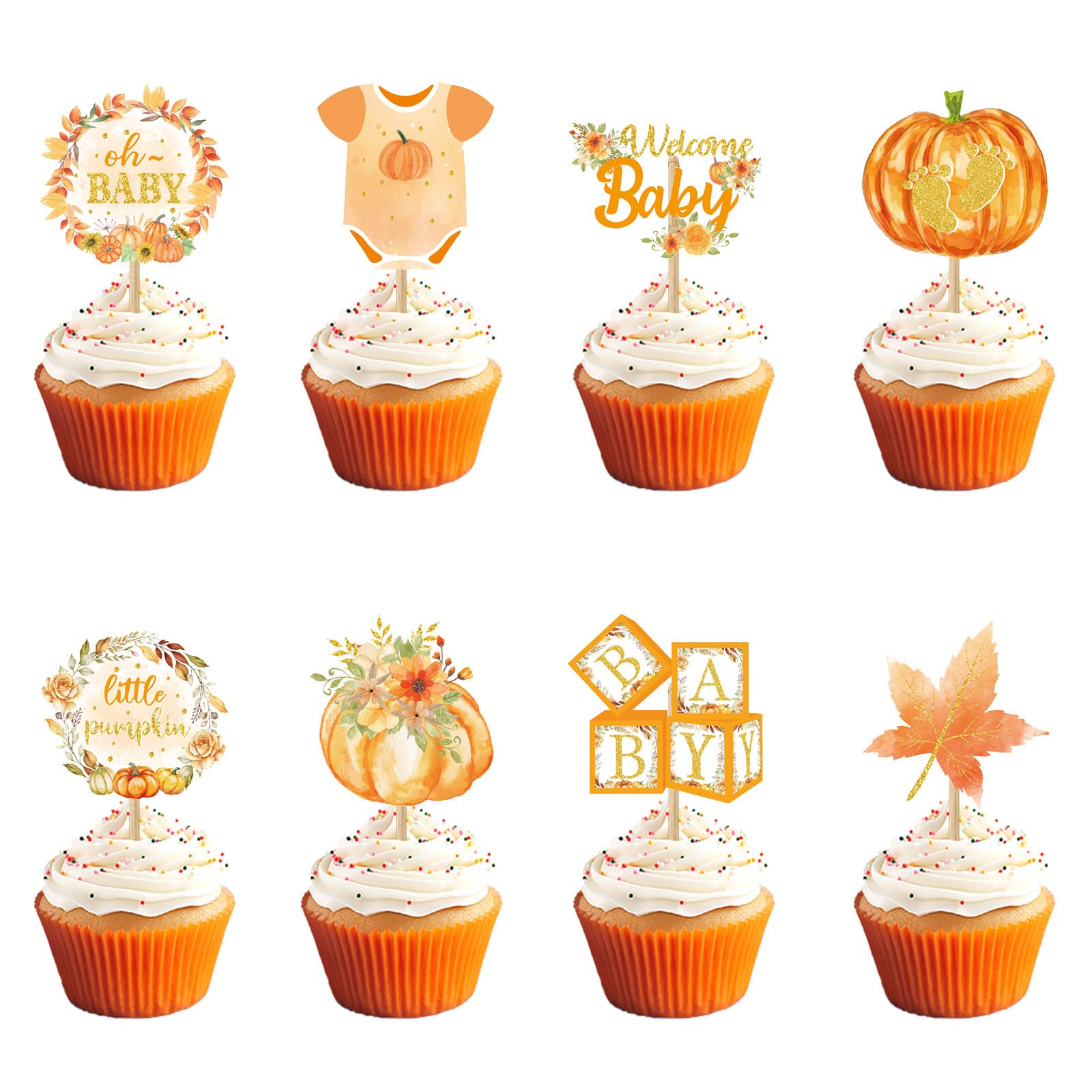 Weecent 48 Pcs Pumpkin Cupcake Toppers, Oh Baby Cupcake Toppers Little Pumpkin Baby Shower Decorations for Thanksgiving Fall Theme Birthday Party