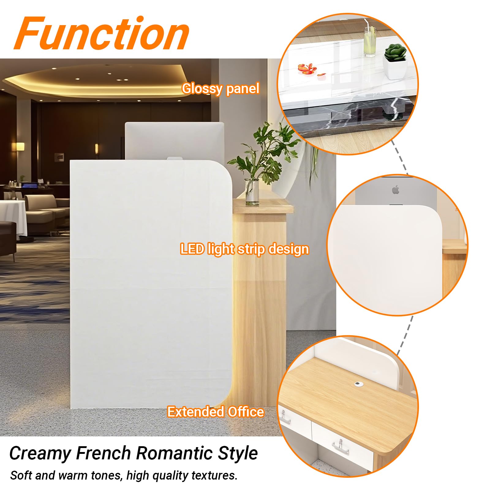 Moderno bancone da ufficio con luci LED, estetico, tavolo da bar in MDF, per pasticcerie aziendali, negozi di abbigliamento (bianco e grigio)