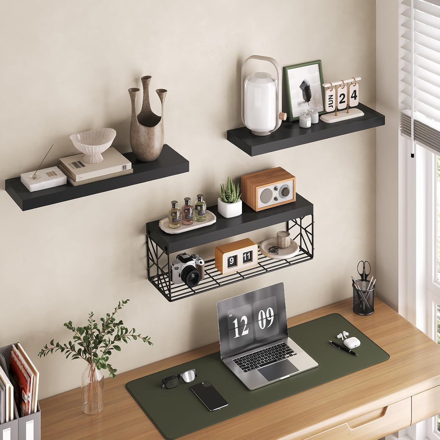 RALGEND Floating Shelves for Wall, 23.6" Bathroom Shelves Over Toilet Set of 3, 1.5" Thick Hanging Wall Mounted Shelf Storage, Farmhouse Decor for Bedroom, Living Room, Kitchen, Black 6001BJBB