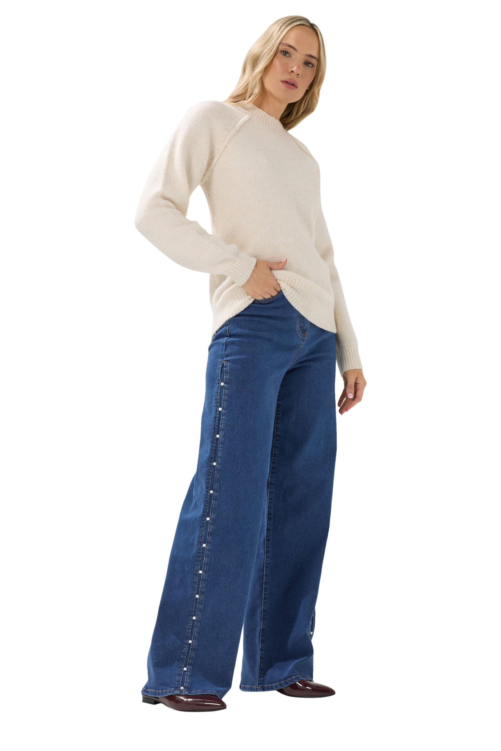 Long Tall Sally Women's Dark Blue Tall Pearl Detail Wide Leg Jeans In | Size: 22L