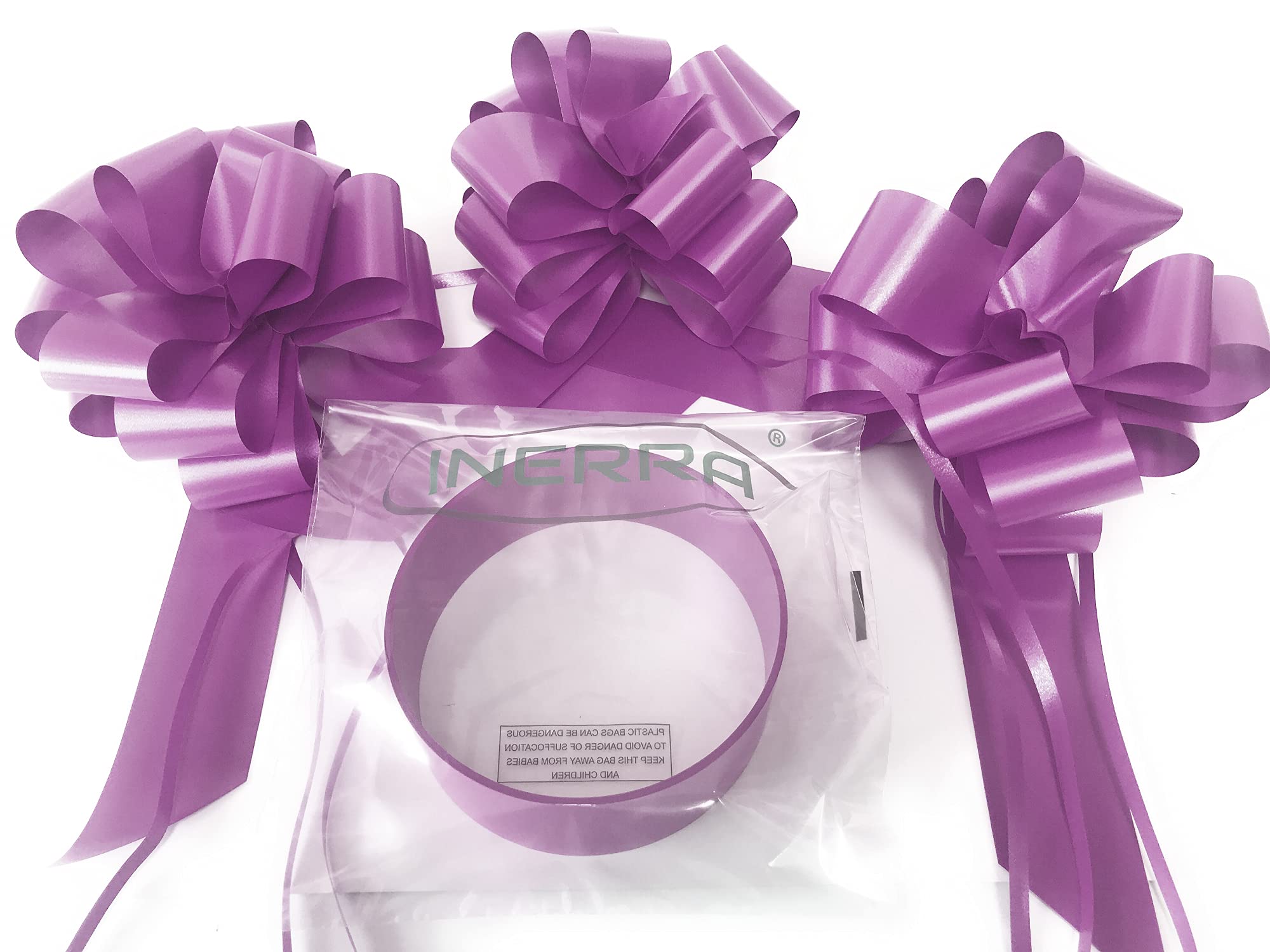 INERRA Wedding Car Decoration Kit - 3 x Large Pre-Assembled 7 Bows with 14-Loops and 7 Metres of Ribbon With Colour Match (Lilac)