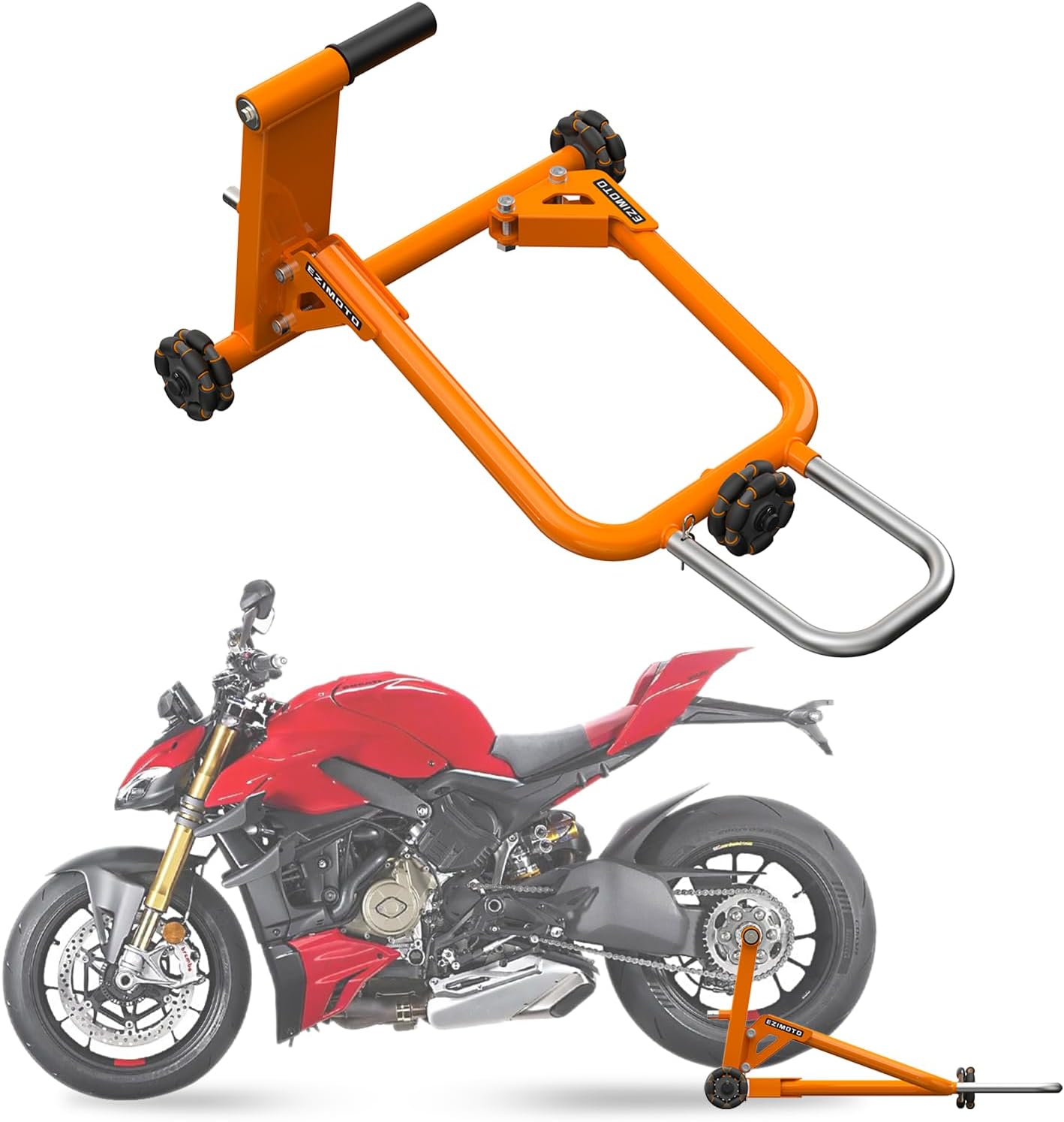 Sport Motorcycle Rear Stand, 360° Movable Lift Stand, Heavy Duty with Wheels, 880 lb Capacity (Orange, Single arm, for Ducati, Pins size 25.7mm, 40.5mm)