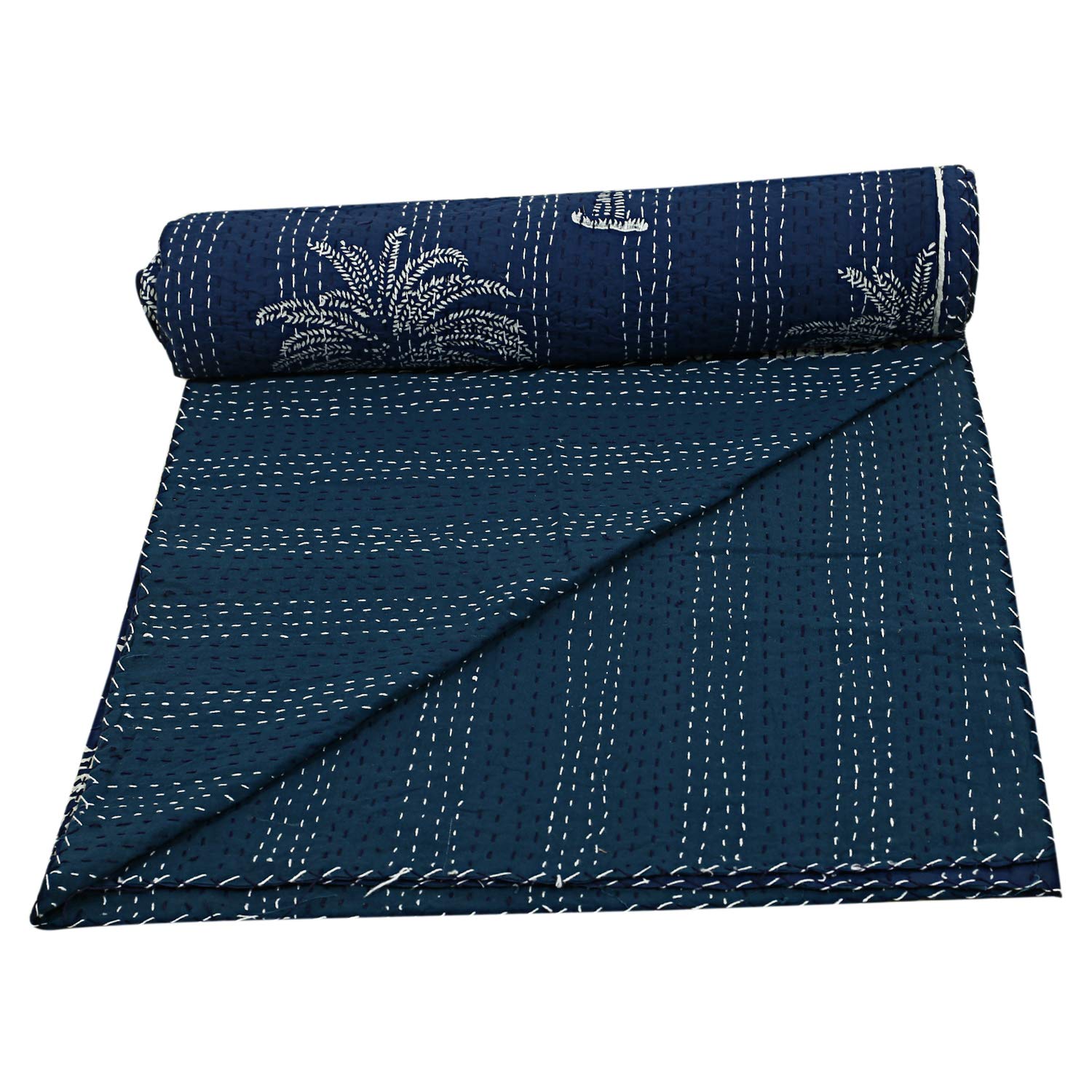 Hippie Palm Tree Print Cotton Kantha Quilts Indian Boho Reversible Bed Cover Bohemian Hand Stitched Kantha Coverlets