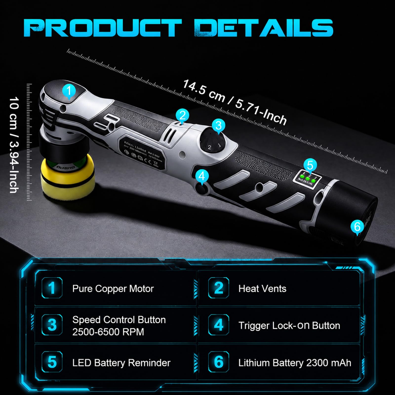 Pulidora inalámbrica, 6 velocidades 2500–6500 RPM, modo orbital 5/12mm y rotatorio, 2 baterías 12V, lijadora para coche para pulir, encerar y reparar rasgos