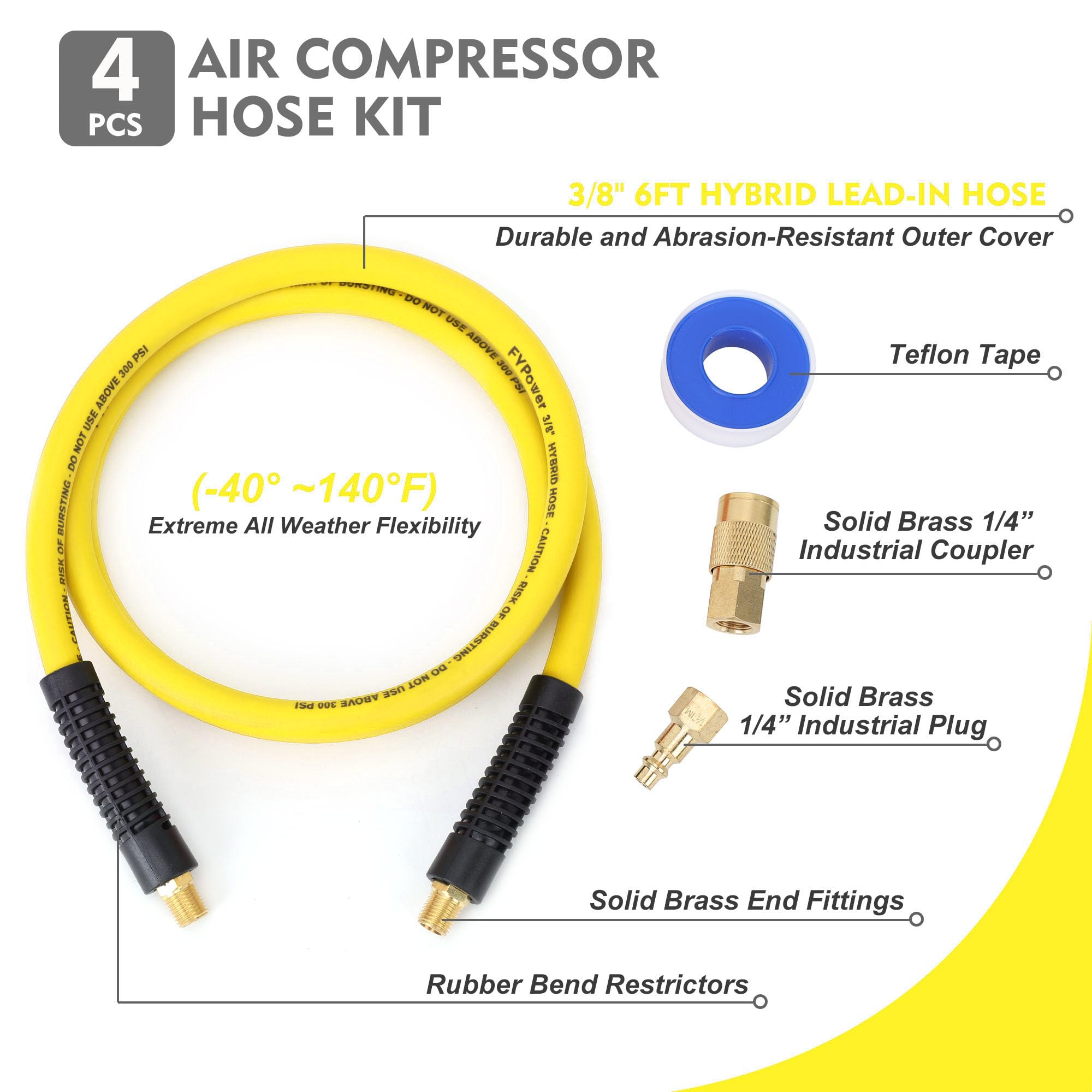 Heavy Duty Hose YOTOO 1/2" X 50 Ft Hybrid Air Hose - 300 PSI, Lightweight & Kink Resistant, With Fittings Kit Air Compressor Attachments