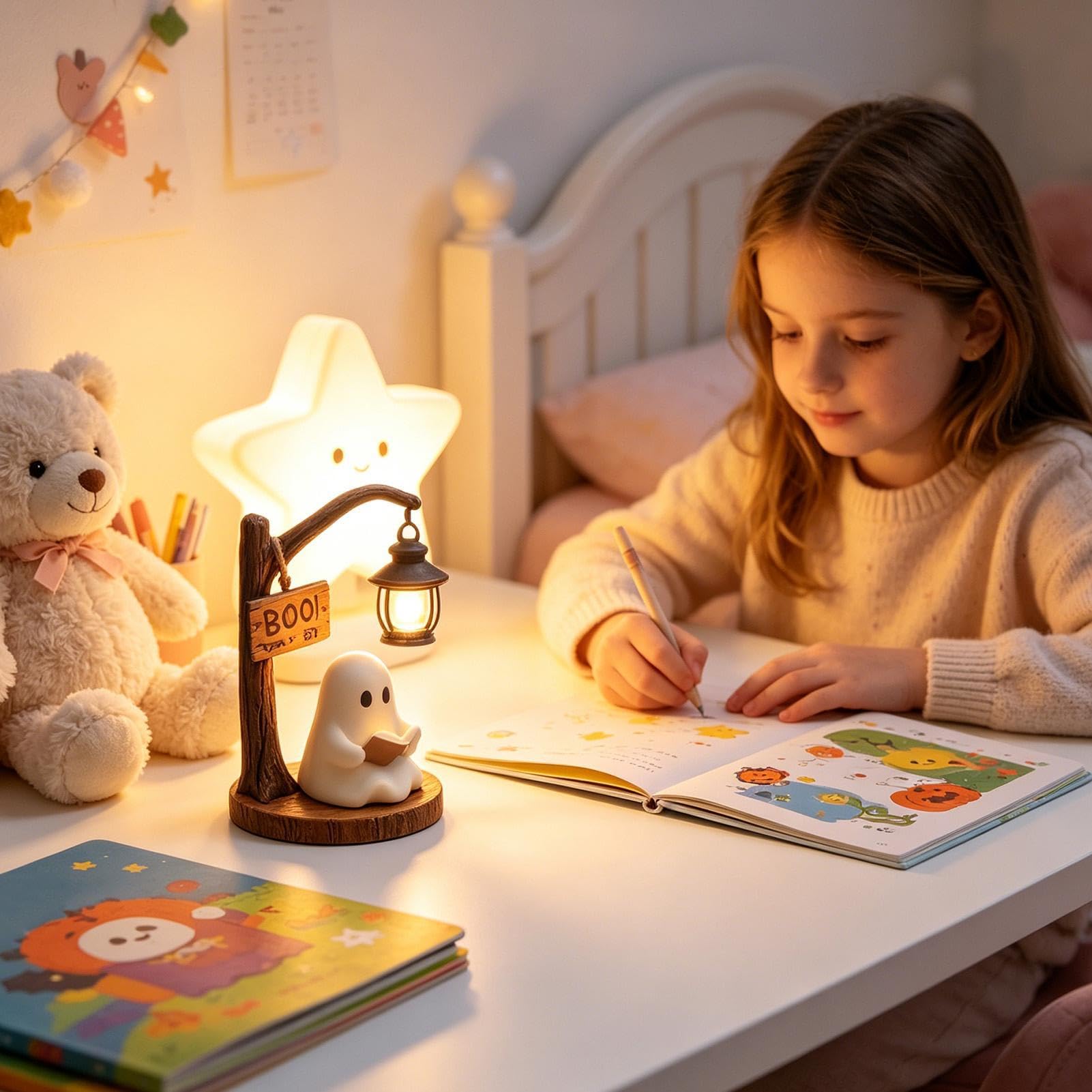 Luz Nocturna Infantil Lámpara Nocturna Decorativa con Fantasma Leyendo un