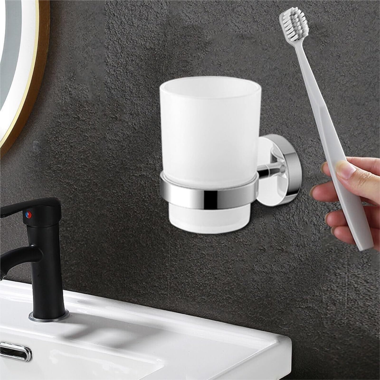 Portacepillos De Dientes para Baño Y Ducha Soporte For Cepillo De Dientes Pared con Vaso Satinado Metal Acero Inoxidable(Black)