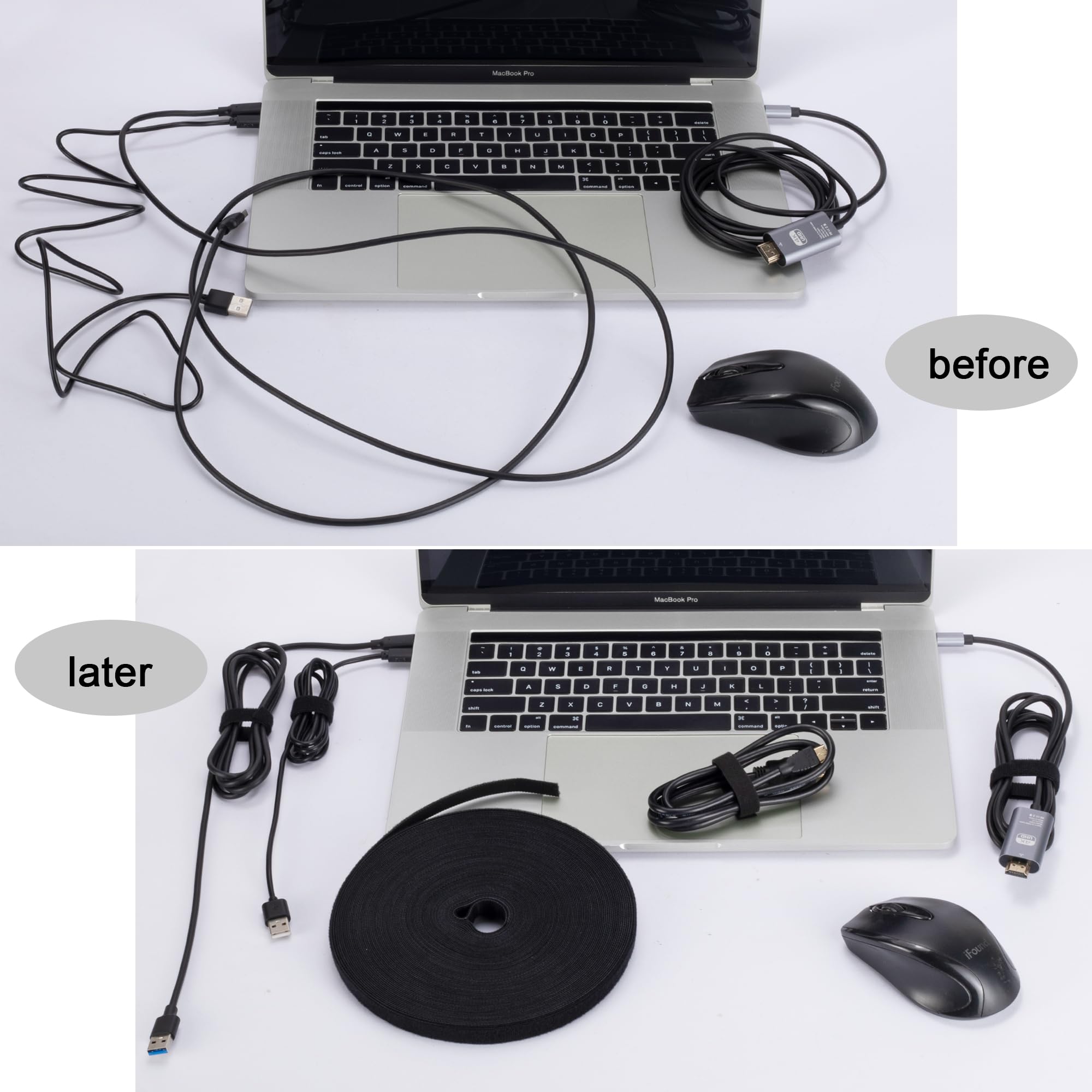 Lote de 5 rollos de tiras autoadherentes - 1,27 cm de ancho - Sujetadores de cable reutilizables negros - Correas de doble cara para la organización del hogar (22,9 m x 5 rollos)