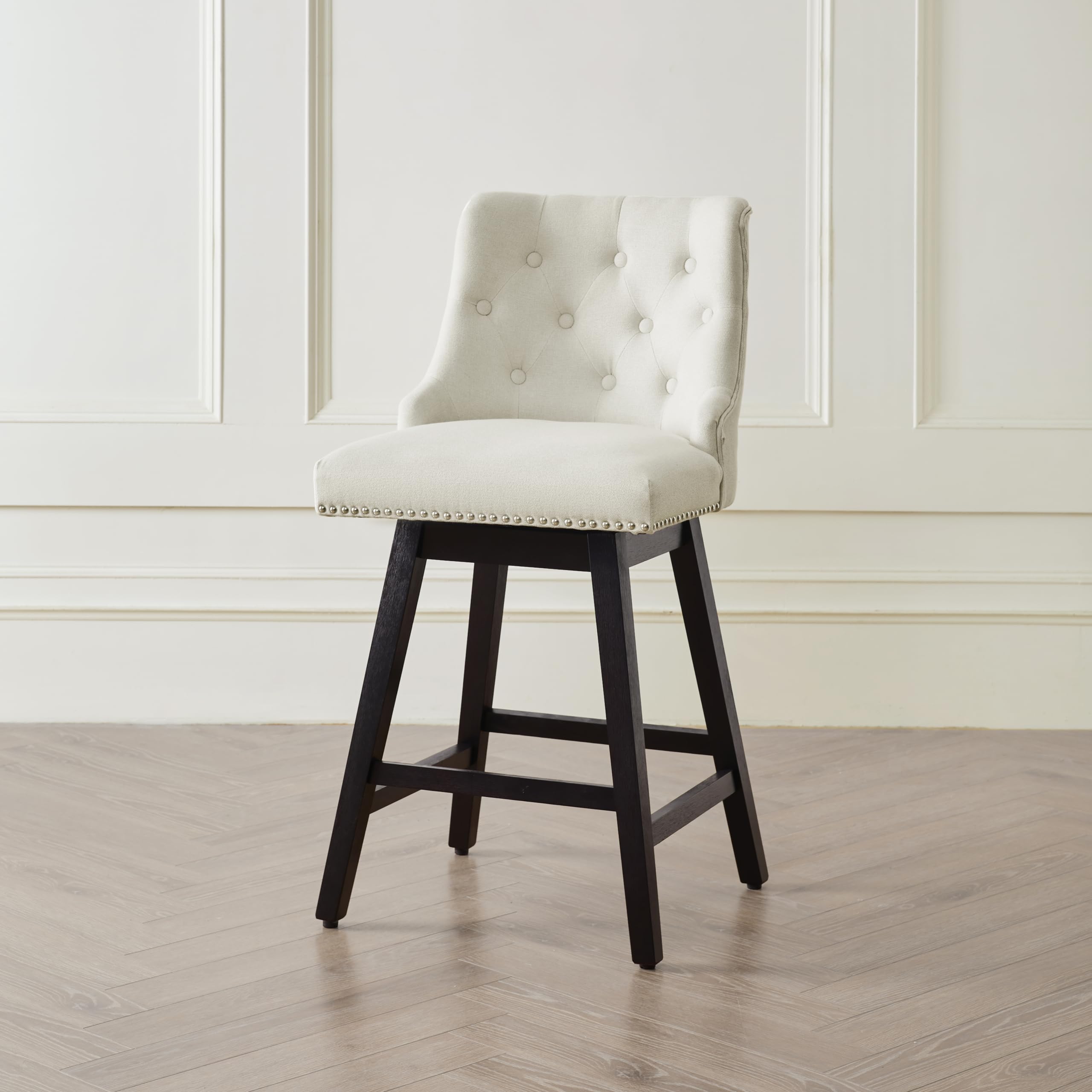 Busaurus Swivel Counter Height Bar Stools with Back, 26” Upholstered Barstools Set of 1, Mid Century Morden Counter Height Chairs with Wood Legs for Kitchen Island, Home Bar, White