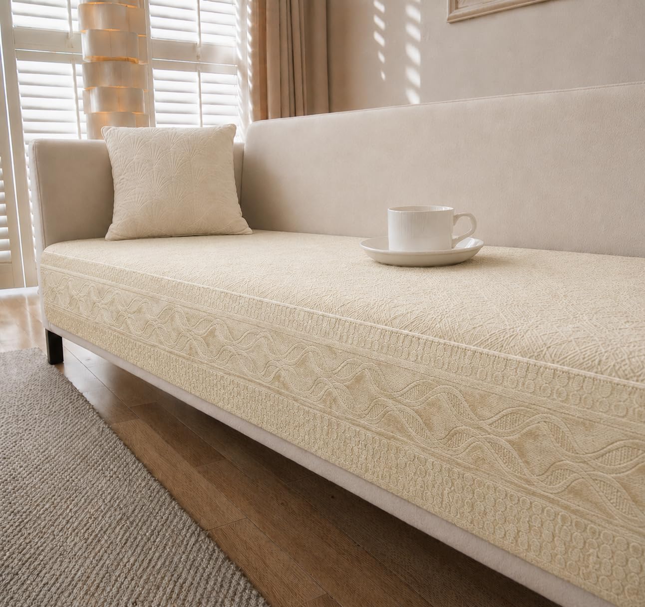 Cortina Premium Textured Style Anti Slip 3 Seater Sofa Cover Mat with PVC Backing for Non-Slip (Light Cream, 70X180 CM)-image-13